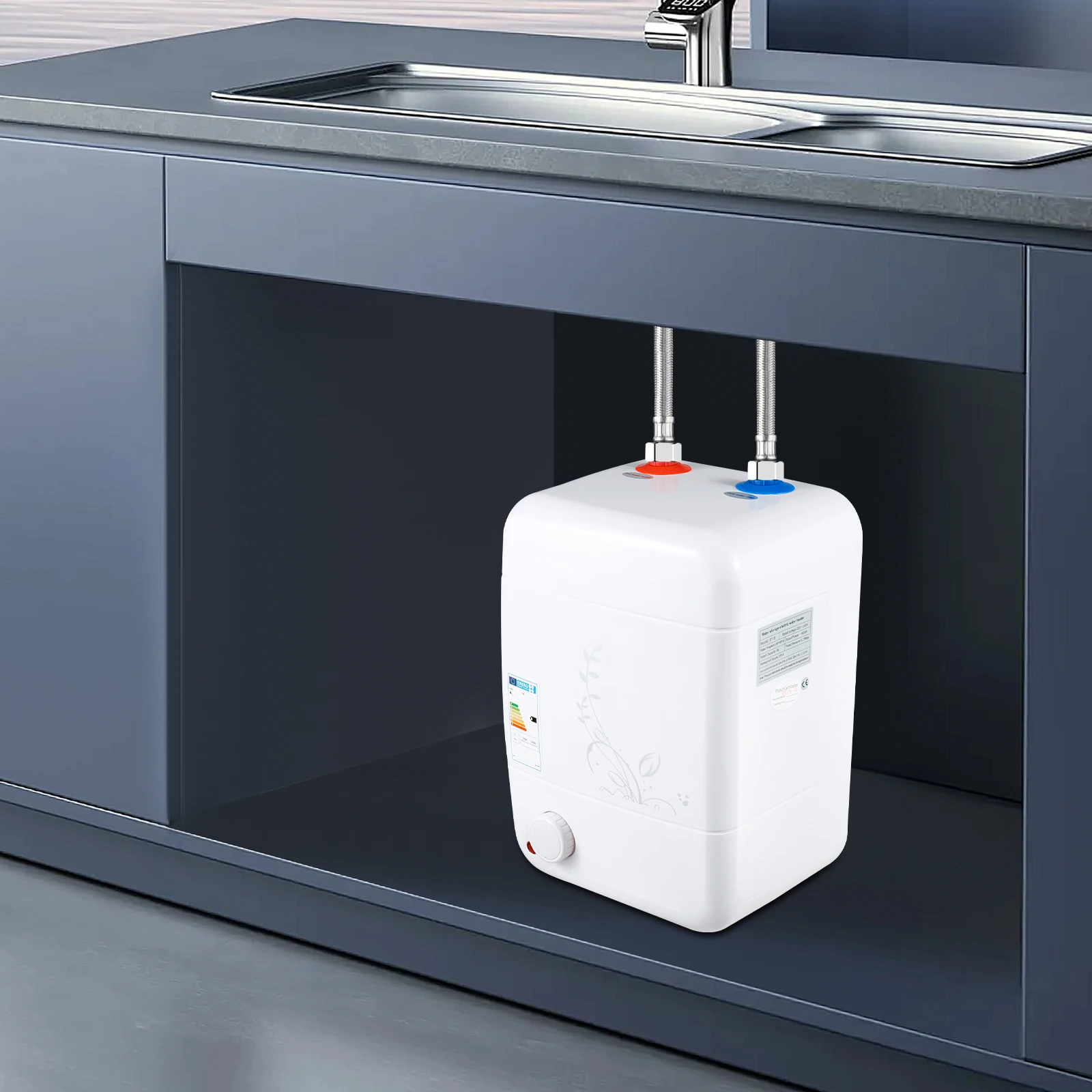 1500W Electric Water Heater 8L White Rectangle IPX4 Temperature Adjustable 0.75MPA Enamel Water Heating for Residential