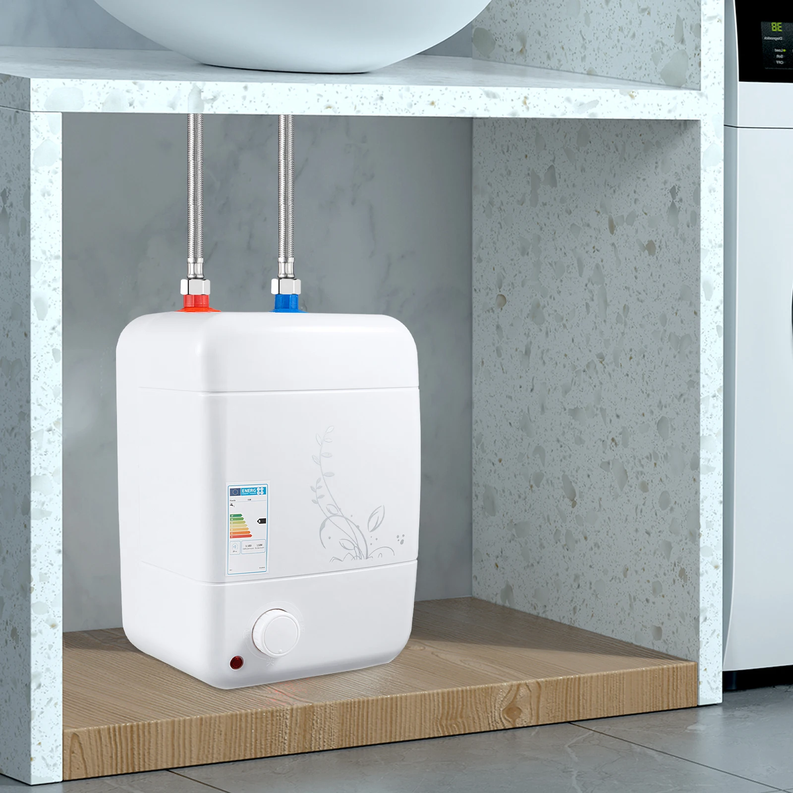1500W Electric Water Heater 8L White Rectangle IPX4 Temperature Adjustable 0.75MPA Enamel Water Heating for Residential