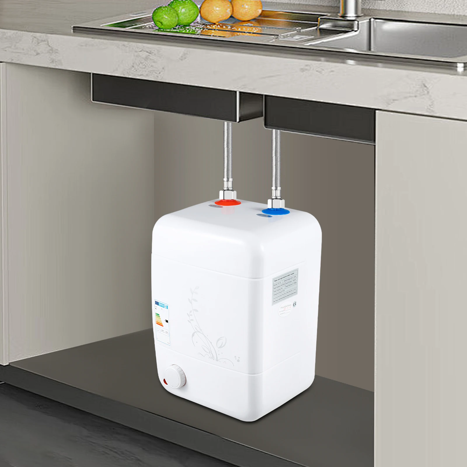 1500W Electric Water Heater 8L White Rectangle IPX4 Temperature Adjustable 0.75MPA Enamel Water Heating for Residential