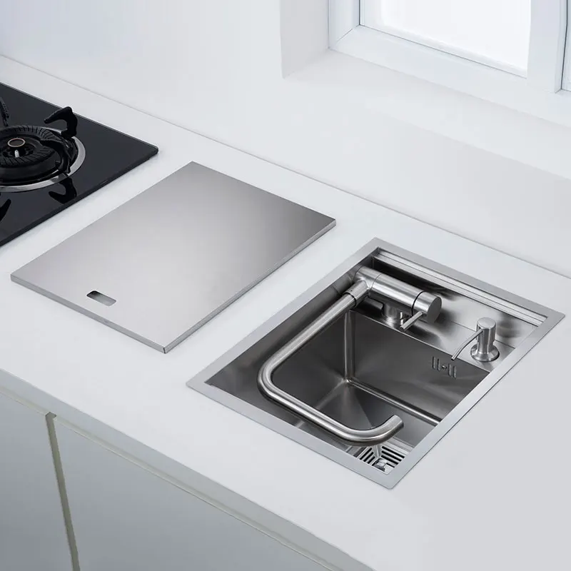 304 Stainless Steel Kitchen Sink for Island Bar, Brushed Finish with Foldable Faucet, Lid Cover, Soap Dispenser, Veg Basin Sinks