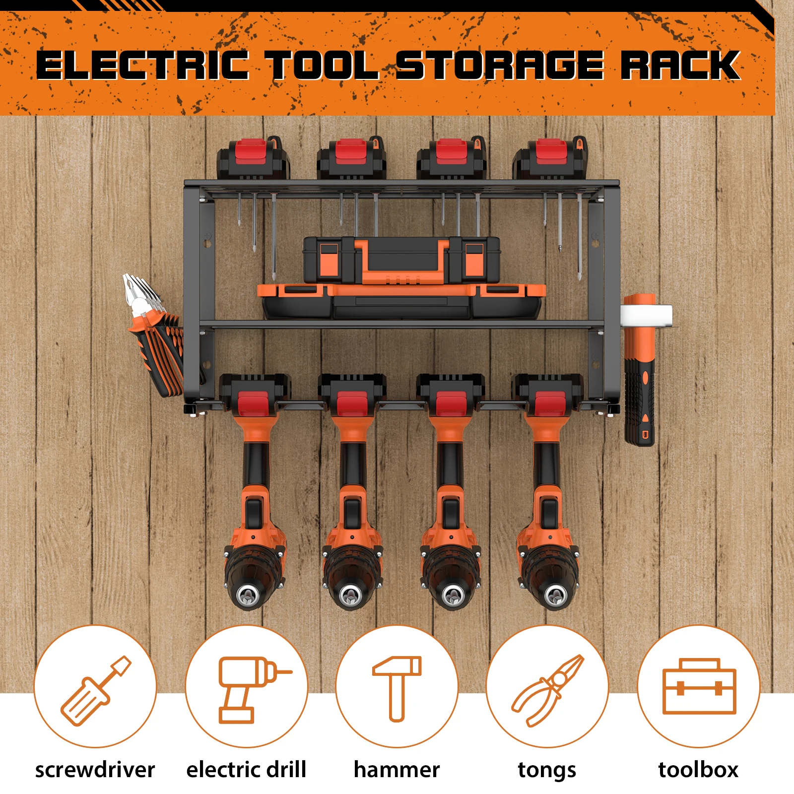 Power Tool Storage, Power Drill Tool Holder, Heavy Duty Tool Shelf-Floating Tool Shelf Wall Mounted Rack for 4 Drill Holders