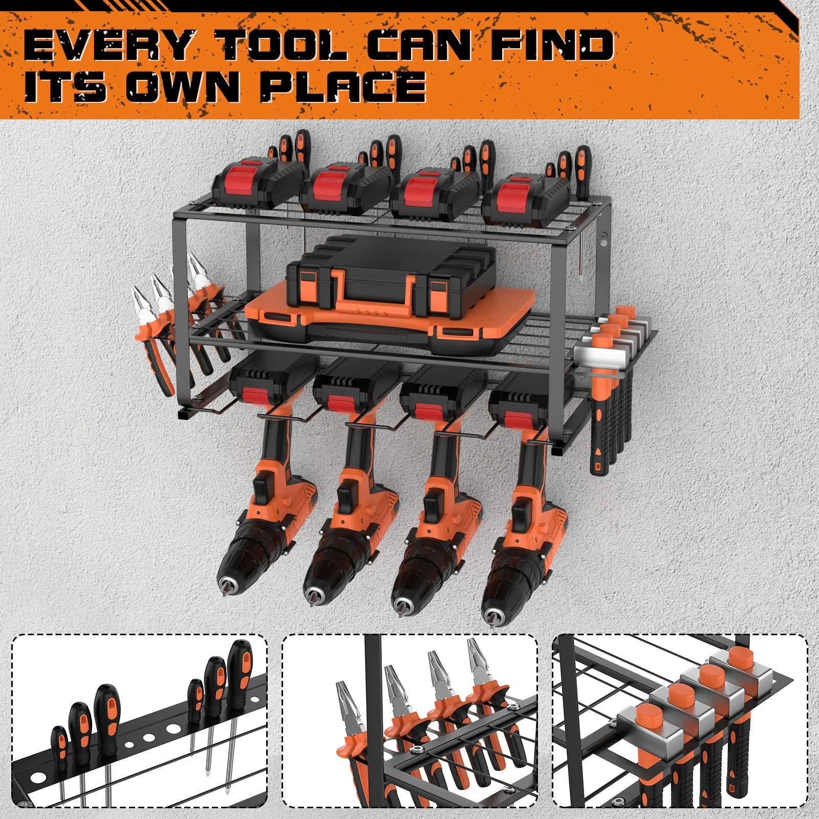 Power Tool Storage, Power Drill Tool Holder, Heavy Duty Tool Shelf-Floating Tool Shelf Wall Mounted Rack for 4 Drill Holders