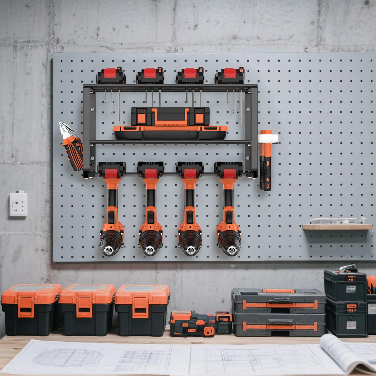 Power Tool Storage, Power Drill Tool Holder, Heavy Duty Tool Shelf-Floating Tool Shelf Wall Mounted Rack for 4 Drill Holders