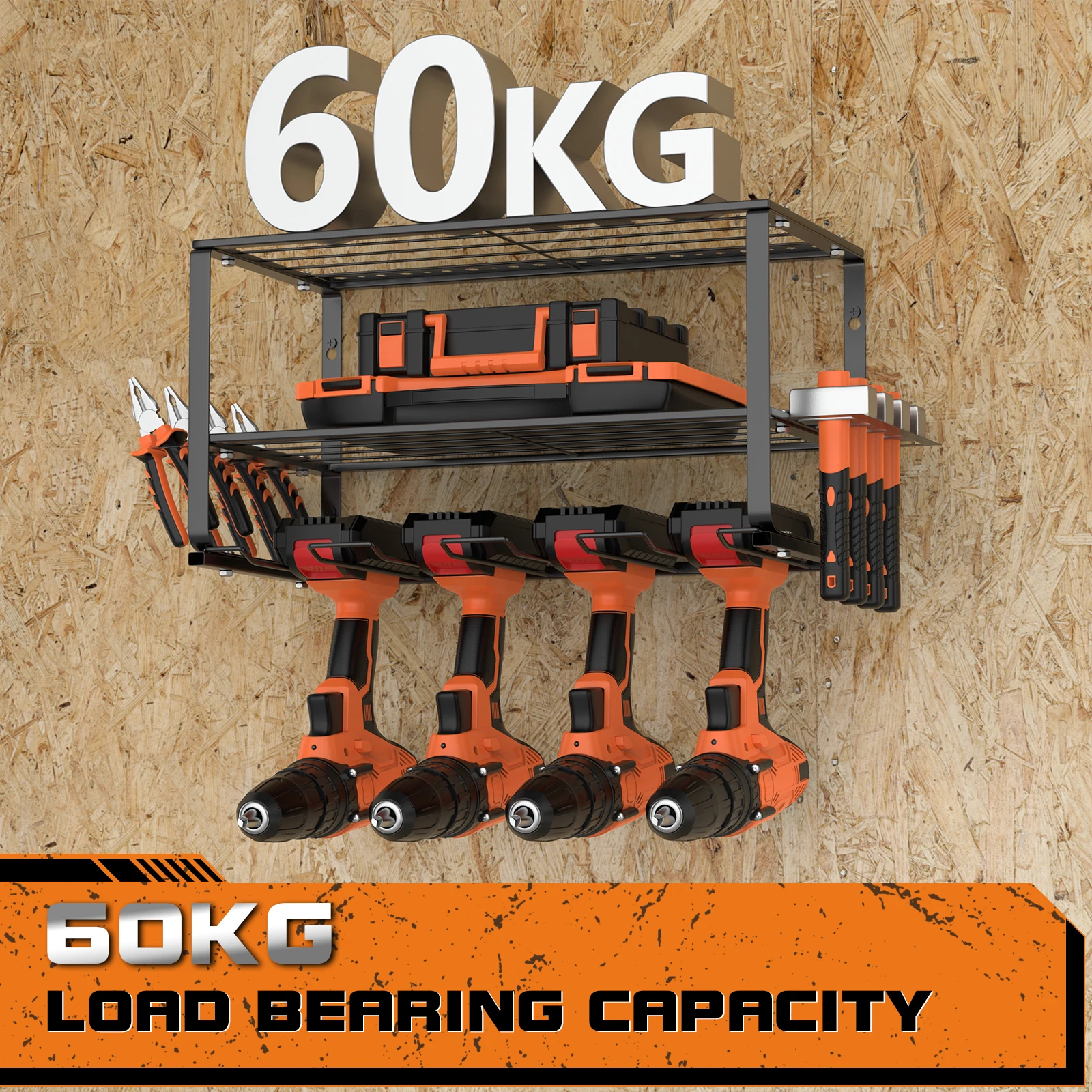 Power Tool Storage, Power Drill Tool Holder, Heavy Duty Tool Shelf-Floating Tool Shelf Wall Mounted Rack for 4 Drill Holders
