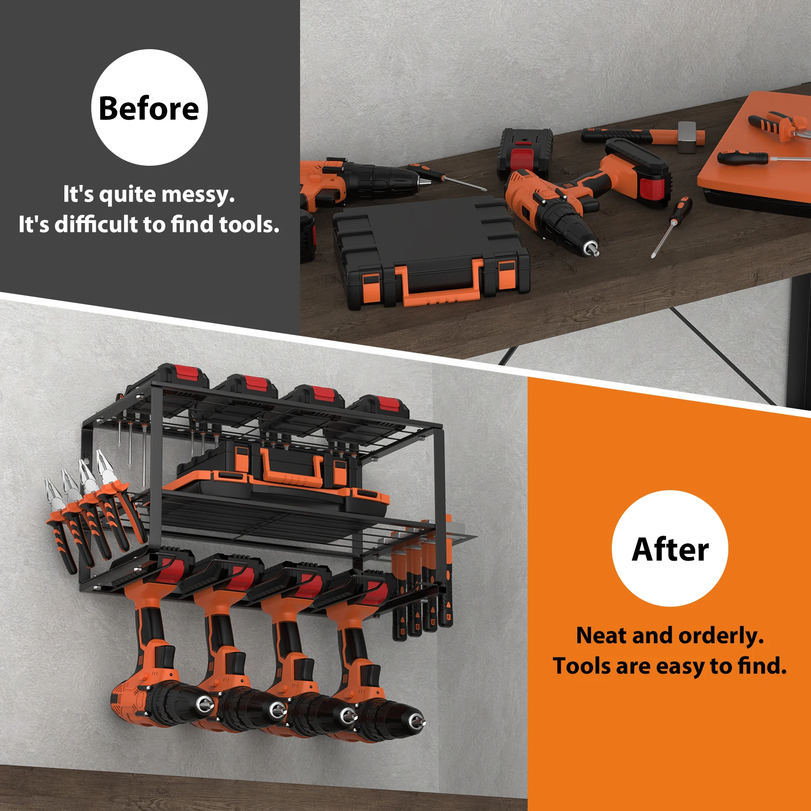 Power Tool Storage, Power Drill Tool Holder, Heavy Duty Tool Shelf-Floating Tool Shelf Wall Mounted Rack for 4 Drill Holders