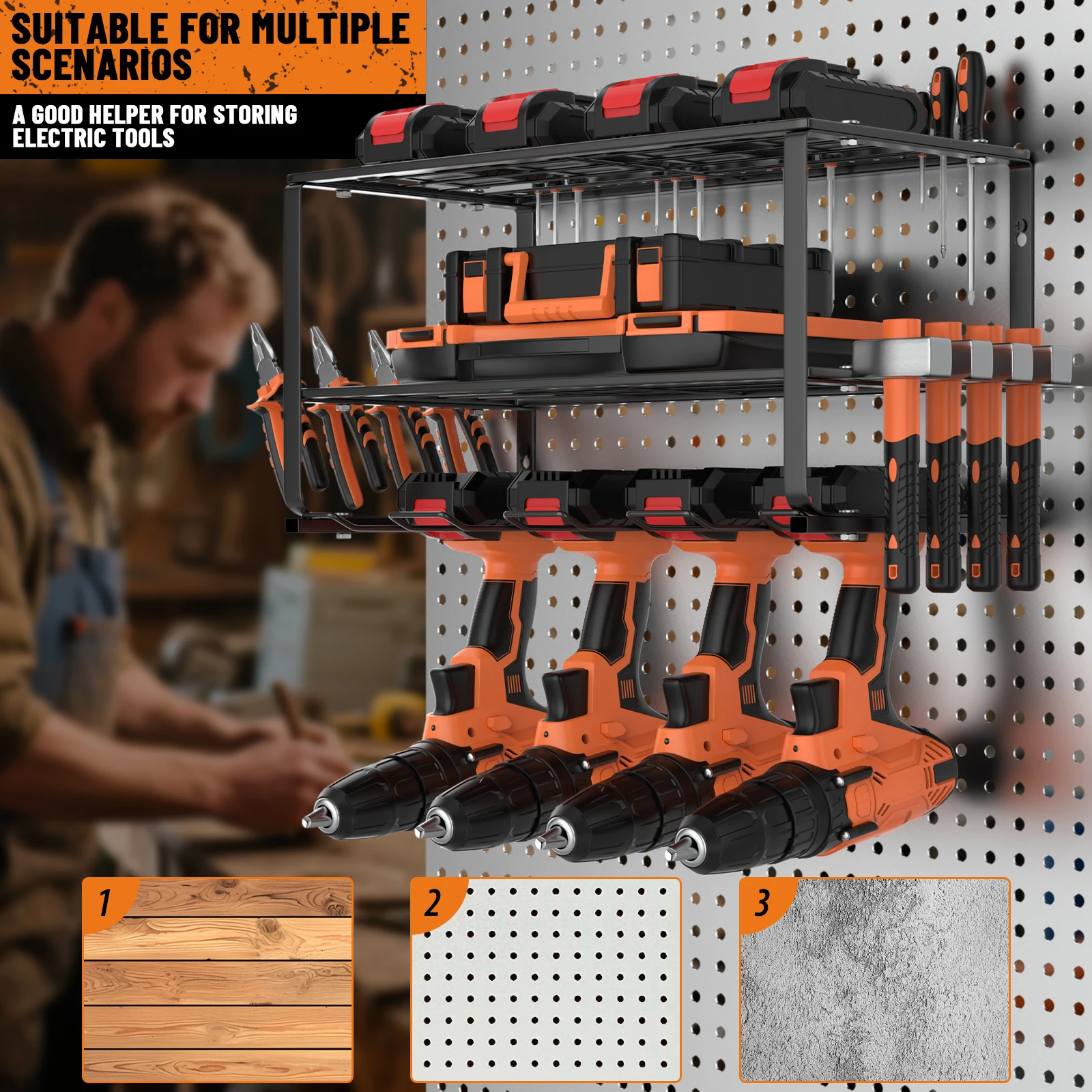 Power Tool Storage, Power Drill Tool Holder, Heavy Duty Tool Shelf-Floating Tool Shelf Wall Mounted Rack for 4 Drill Holders