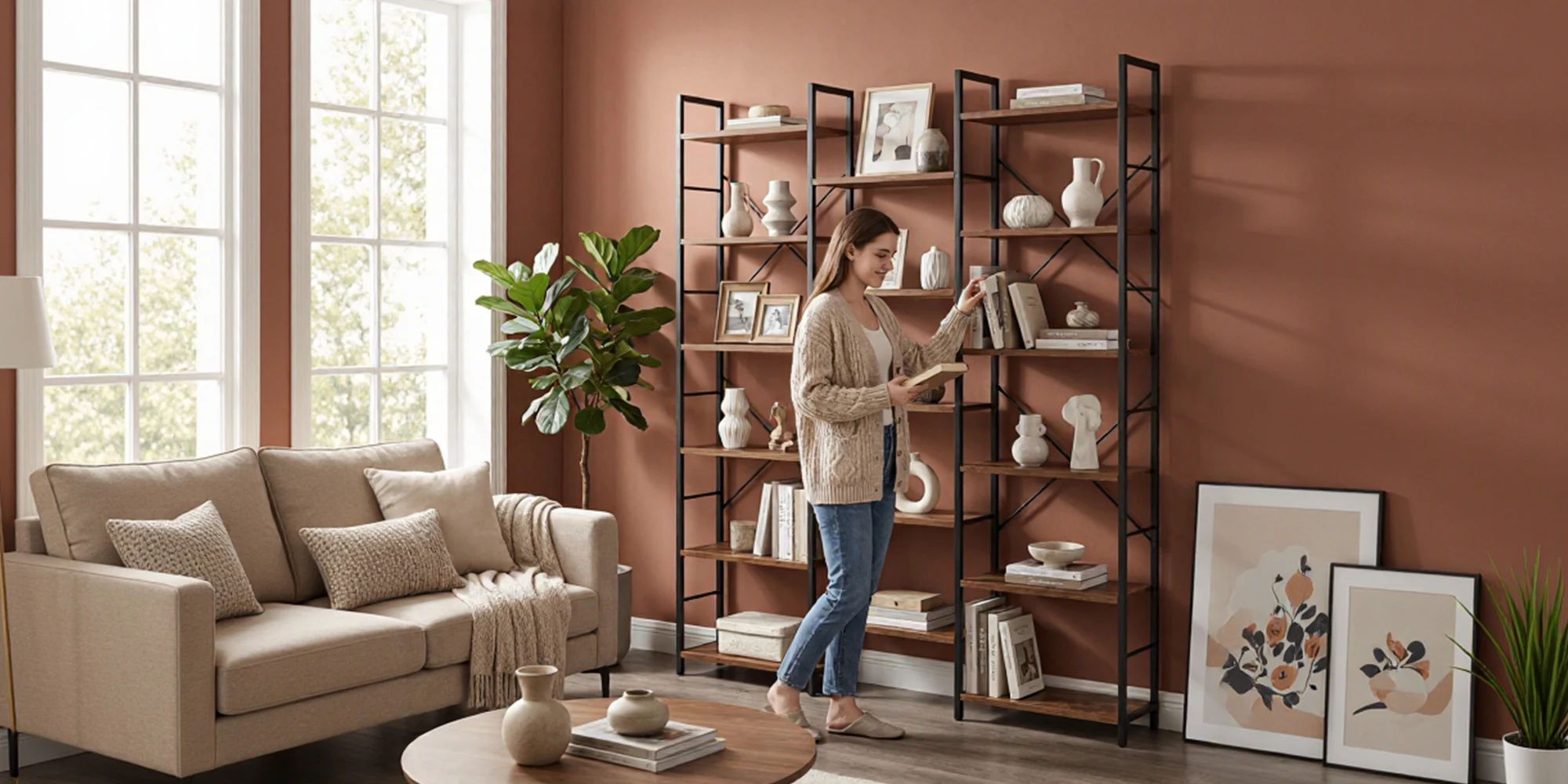 Bookcase, Standing Shelf with 17 Shelves, Adjustable Spacing, Book Shelf with Metal Frame, for Living Room, Bedroom