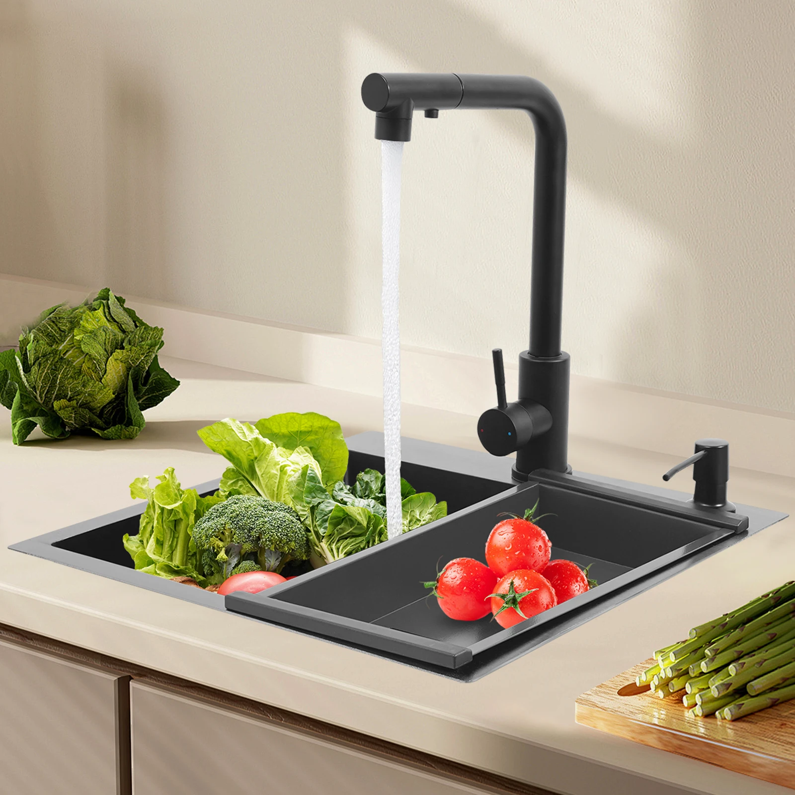 Stainless Steel 450*450mm Kitchen Sink Single Bowl 2-Hole Sink Kitchen Sink Set with Drain Basket Pull-out Faucet