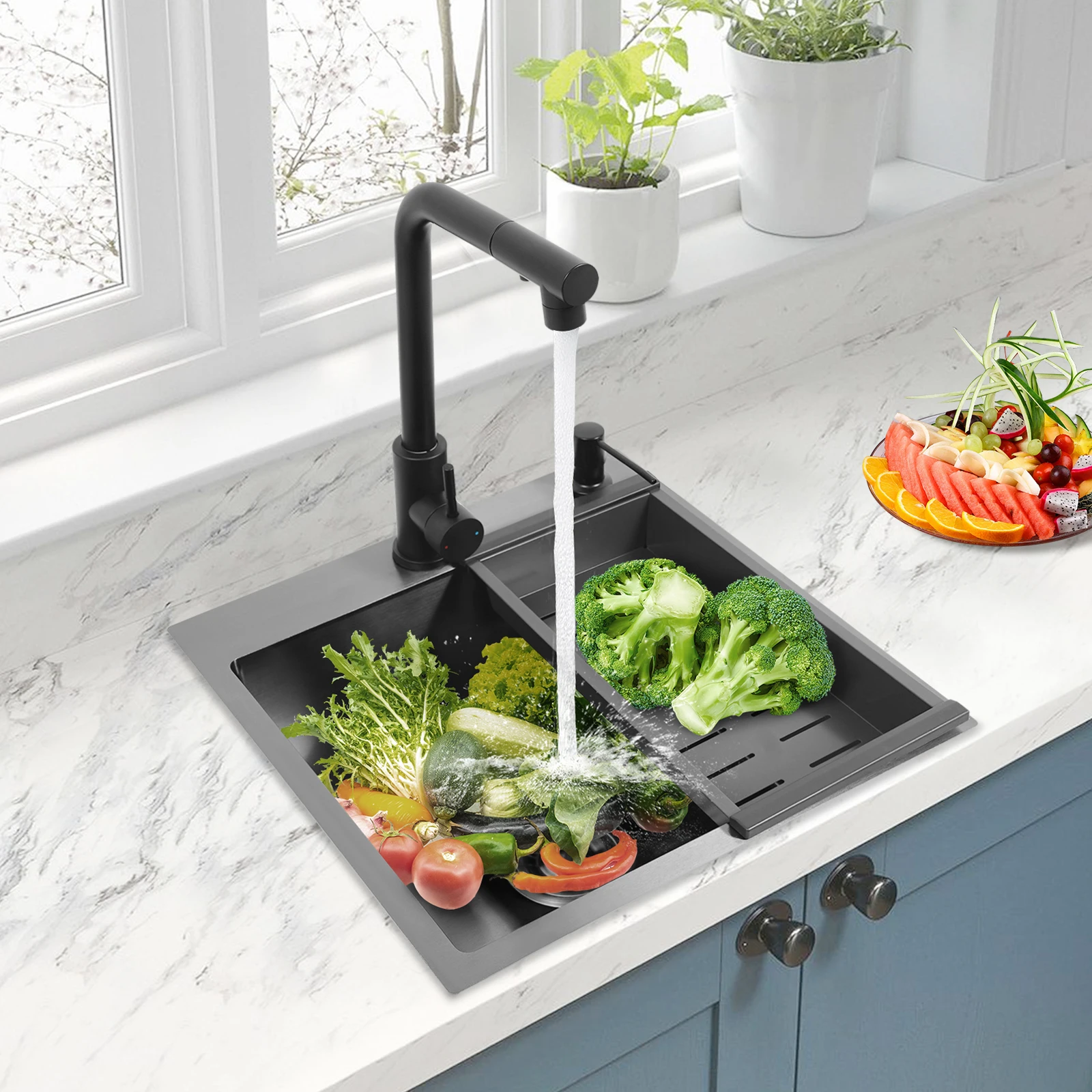 Stainless Steel 450*450mm Kitchen Sink Single Bowl 2-Hole Sink Kitchen Sink Set with Drain Basket Pull-out Faucet