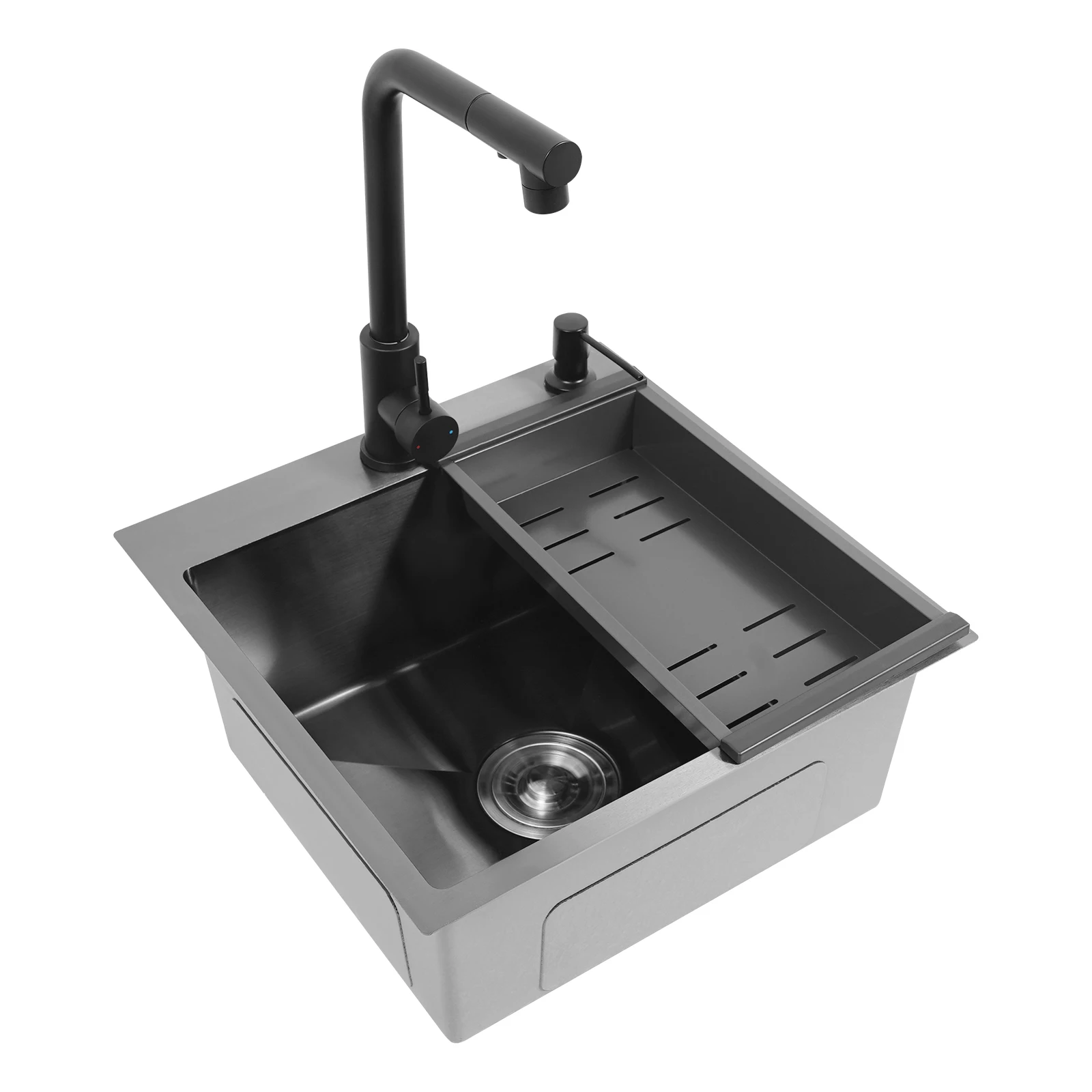 Stainless Steel 450*450mm Kitchen Sink Single Bowl 2-Hole Sink Kitchen Sink Set with Drain Basket Pull-out Faucet