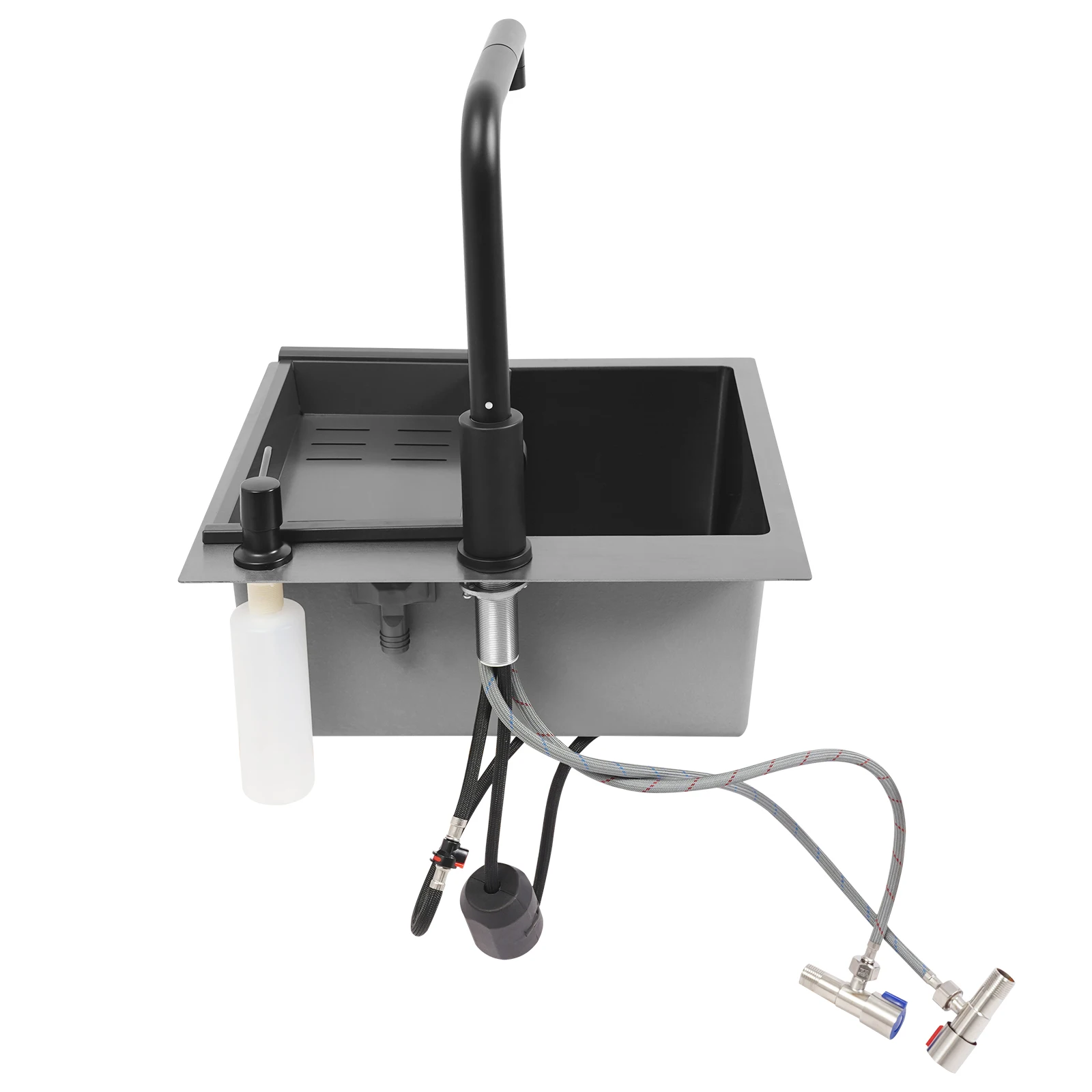 Stainless Steel 450*450mm Kitchen Sink Single Bowl 2-Hole Sink Kitchen Sink Set with Drain Basket Pull-out Faucet