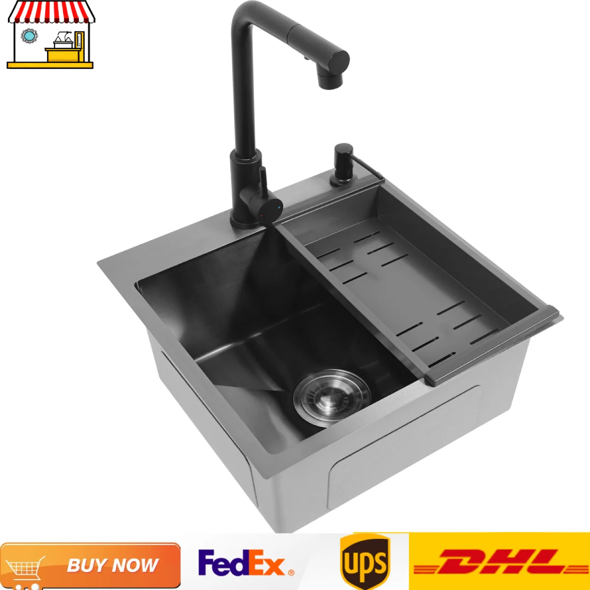 Stainless Steel 450*450mm Kitchen Sink Single Bowl 2-Hole Sink Kitchen Sink Set with Drain Basket Pull-out Faucet