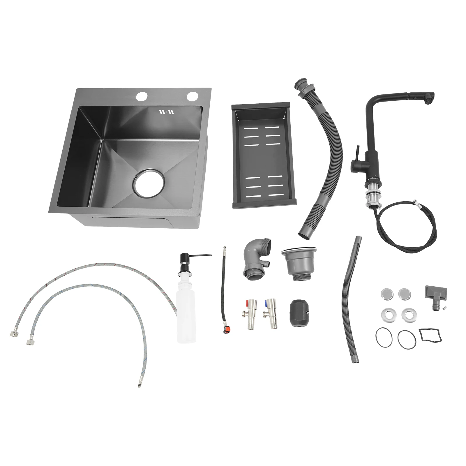 Stainless Steel 450*450mm Kitchen Sink Single Bowl 2-Hole Sink Kitchen Sink Set with Drain Basket Pull-out Faucet