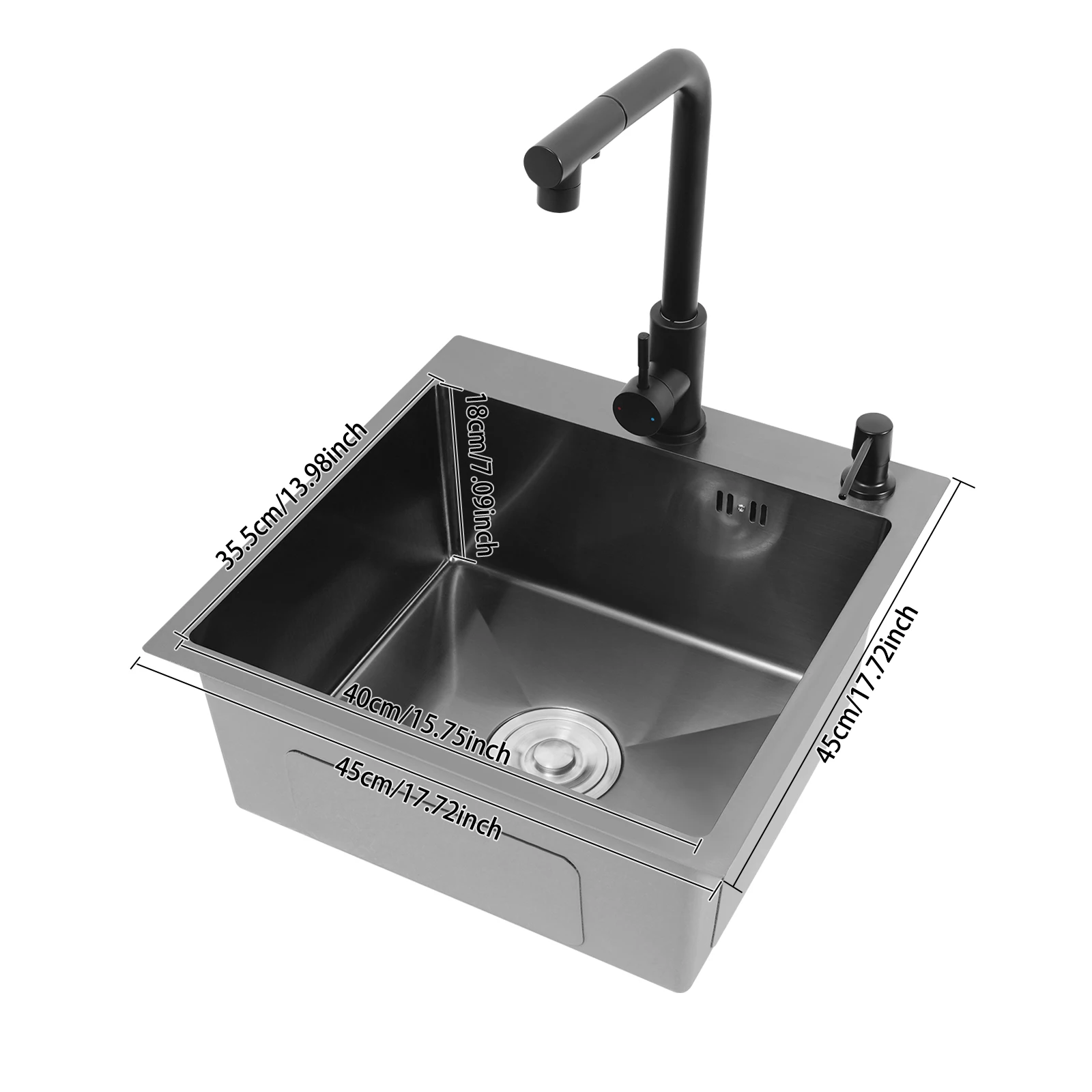 Stainless Steel 450*450mm Kitchen Sink Single Bowl 2-Hole Sink Kitchen Sink Set with Drain Basket Pull-out Faucet