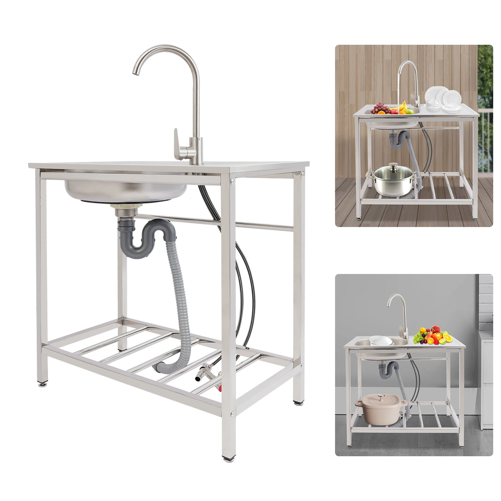 Kitchen Sink Freestanding Wash Sink with Drain Pipe Cold Faucet Filter Basket Stainless Steel for Hotels Bars Restaurants