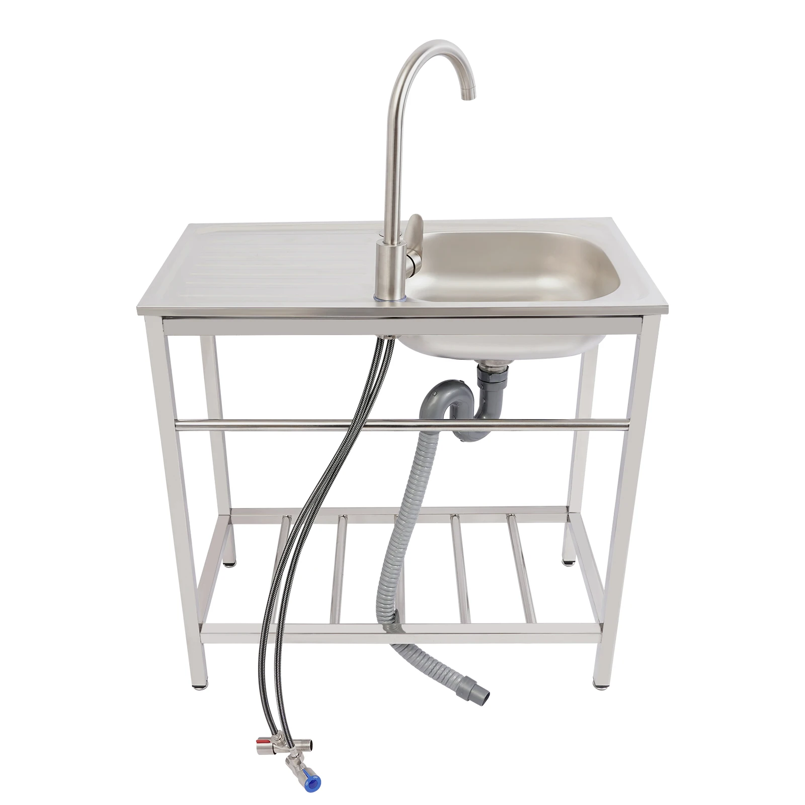 Kitchen Sink Freestanding Wash Sink with Drain Pipe Cold Faucet Filter Basket Stainless Steel for Hotels Bars Restaurants