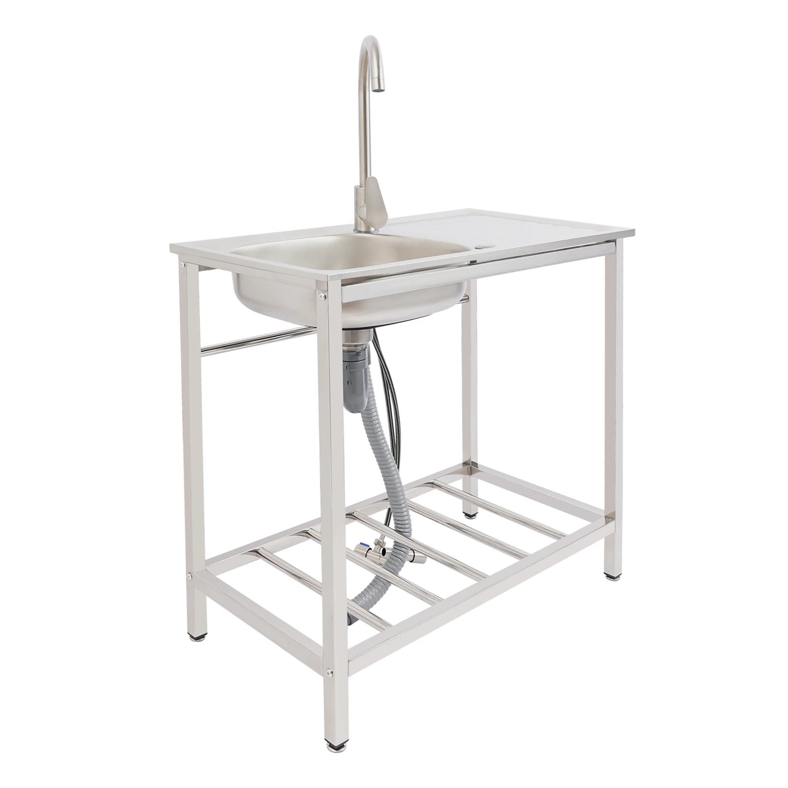 Kitchen Sink Freestanding Wash Sink with Drain Pipe Cold Faucet Filter Basket Stainless Steel for Hotels Bars Restaurants