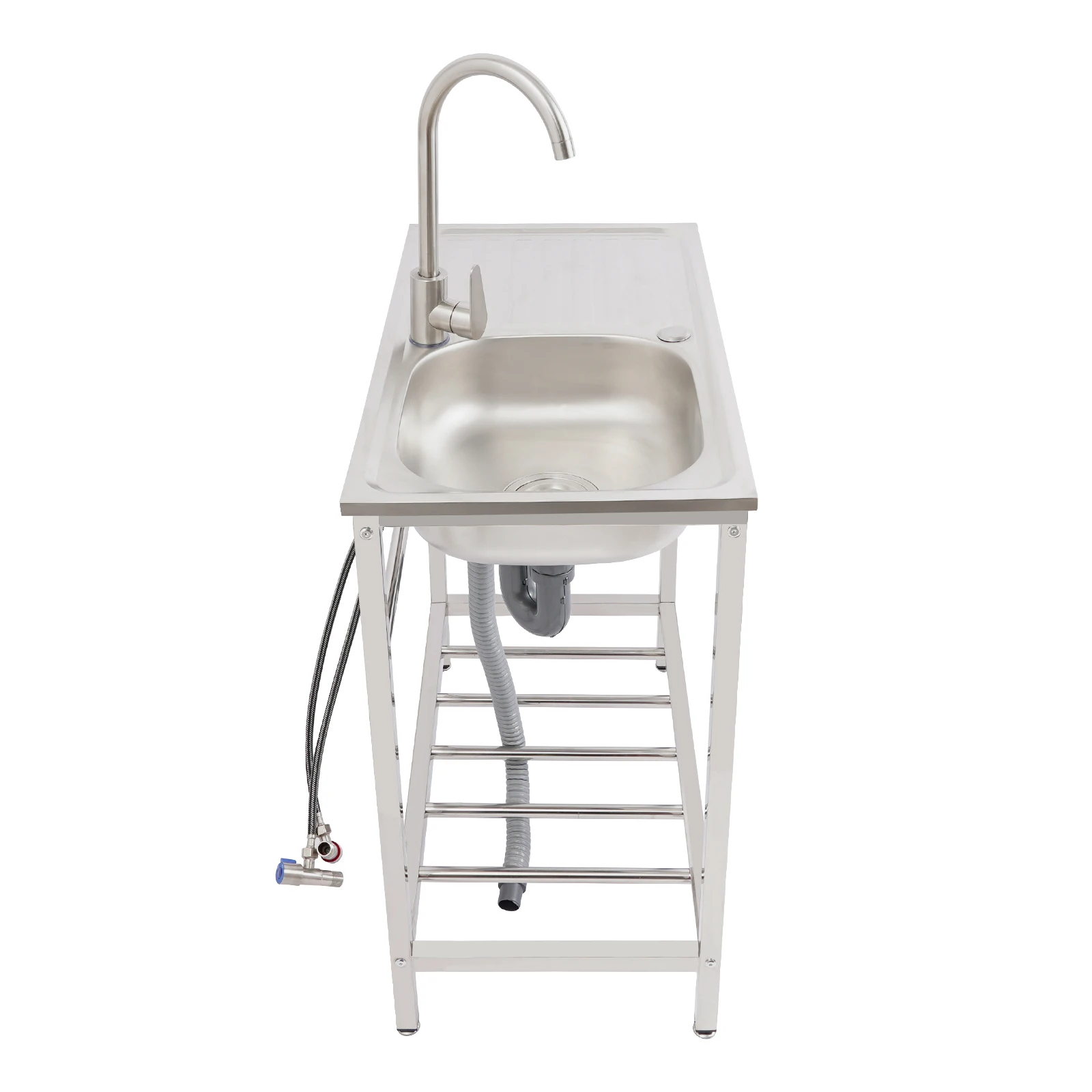 Kitchen Sink Freestanding Wash Sink with Drain Pipe Cold Faucet Filter Basket Stainless Steel for Hotels Bars Restaurants