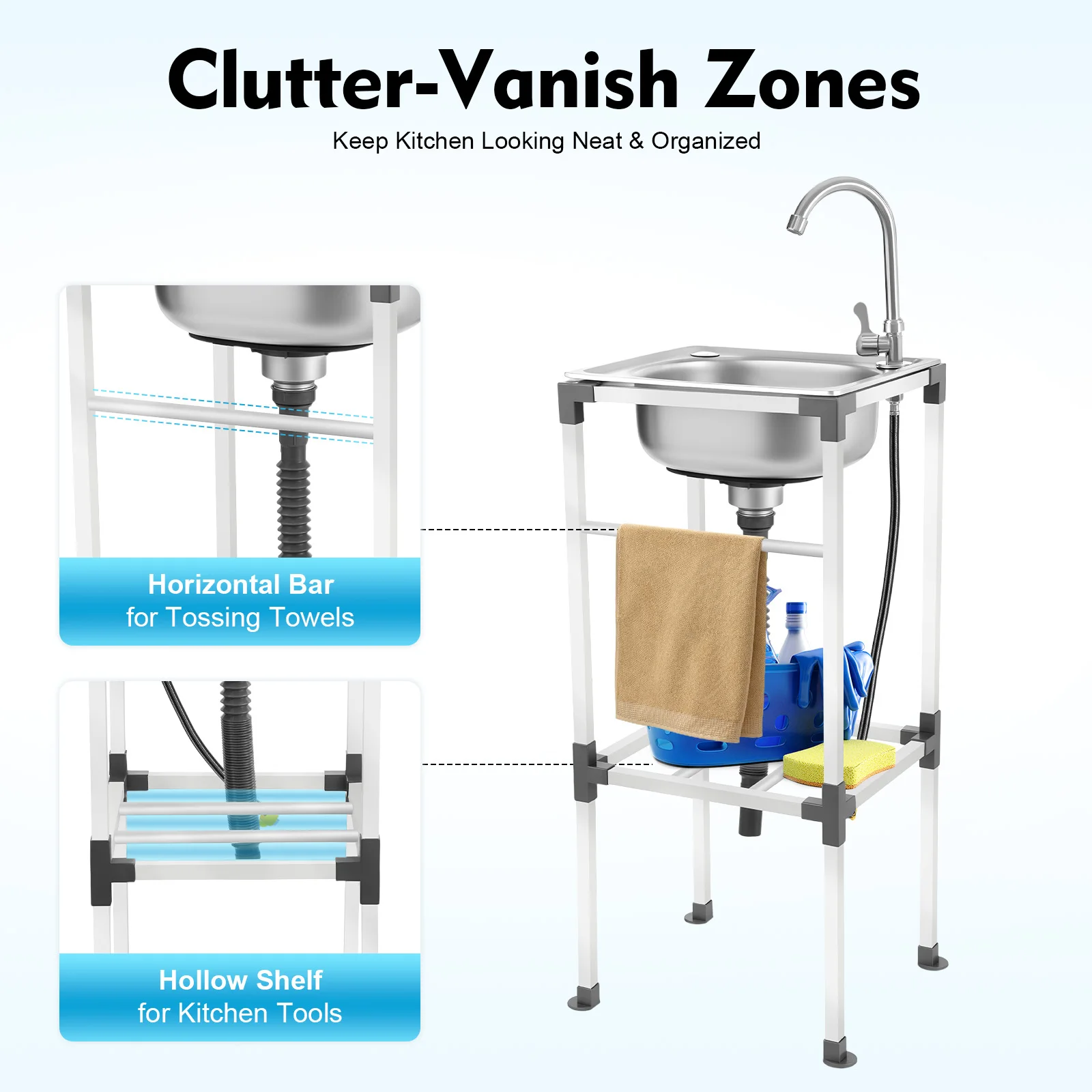 Kitchen Sink Freestanding Wash Sink with Drain Pipe Cold Faucet Filter Basket Stainless Steel for Hotels Bars Restaurants