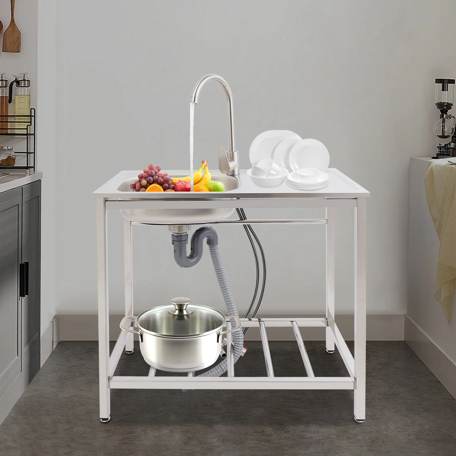 Kitchen Sink Freestanding Wash Sink with Drain Pipe Cold Faucet Filter Basket Stainless Steel for Hotels Bars Restaurants