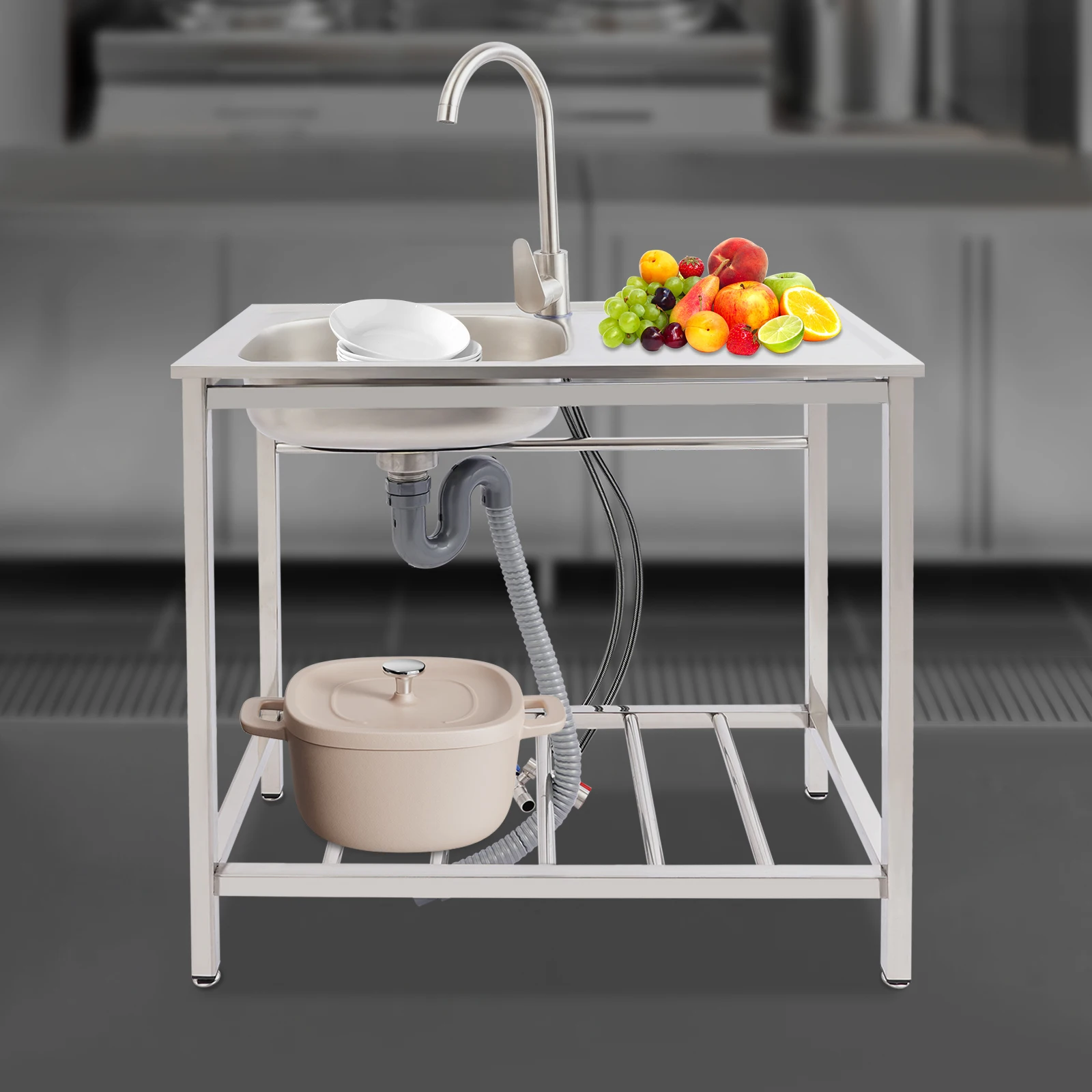 Kitchen Sink Freestanding Wash Sink with Drain Pipe Cold Faucet Filter Basket Stainless Steel for Hotels Bars Restaurants