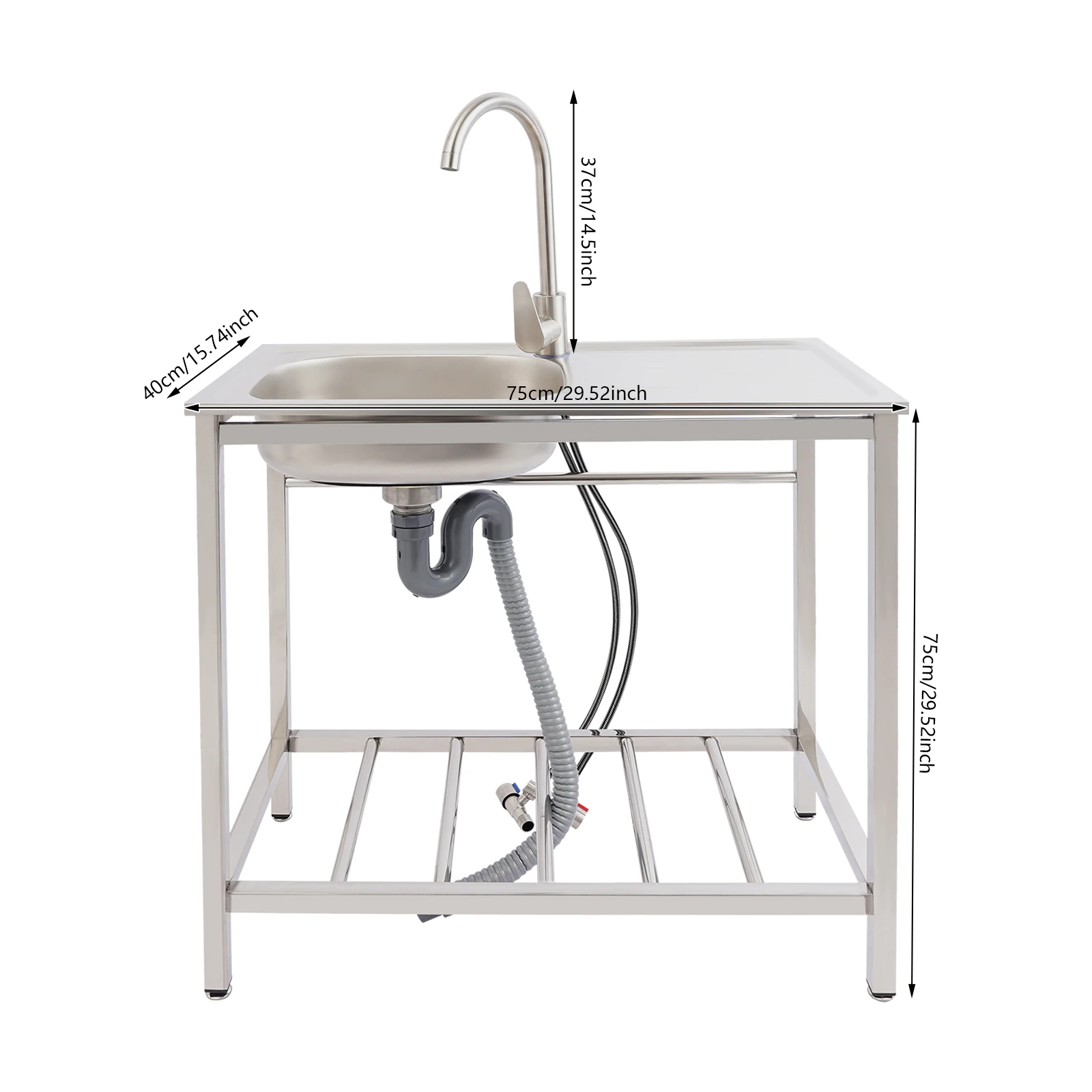 Kitchen Sink Freestanding Wash Sink with Drain Pipe Cold Faucet Filter Basket Stainless Steel for Hotels Bars Restaurants