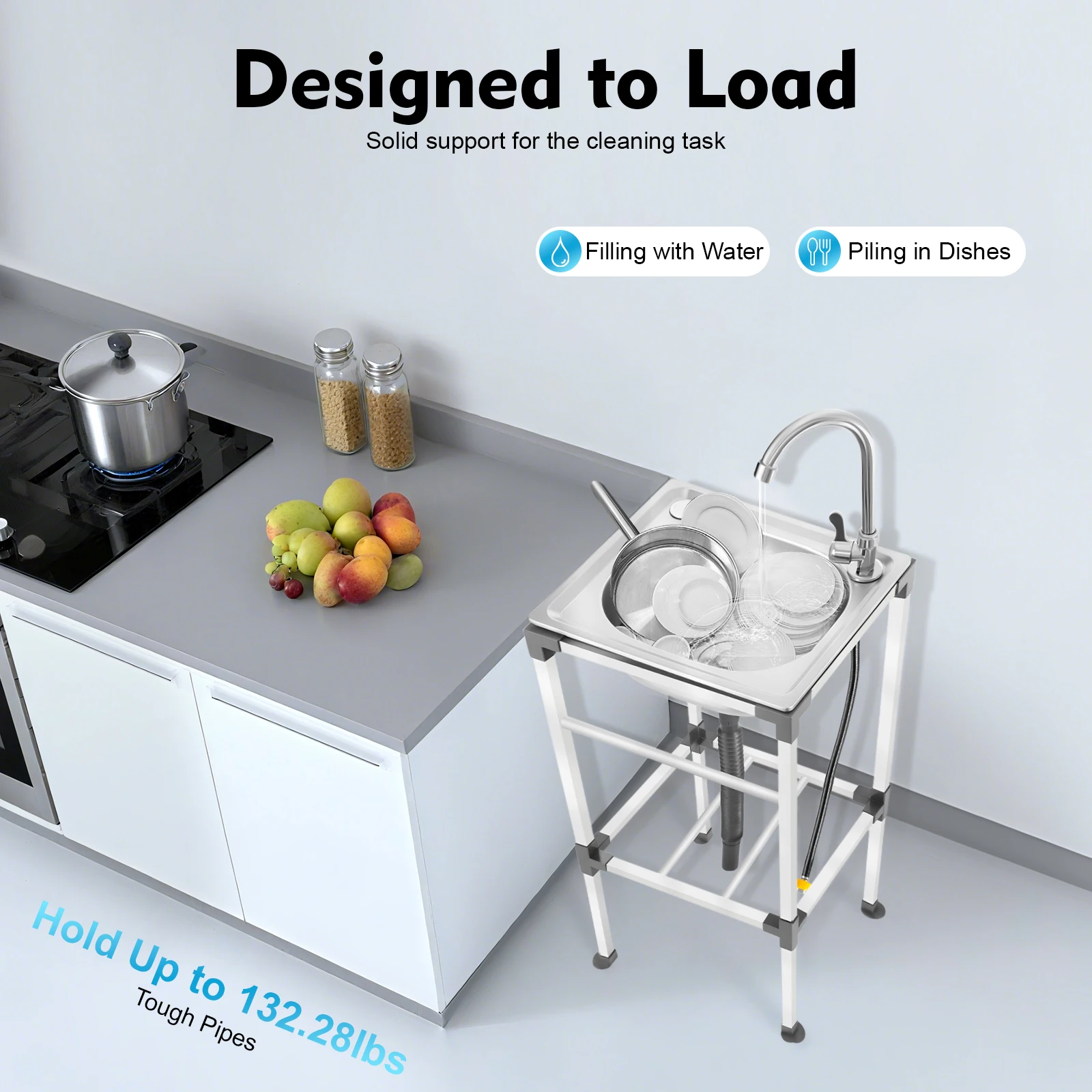 Kitchen Sink Freestanding Wash Sink with Drain Pipe Cold Faucet Filter Basket Stainless Steel for Hotels Bars Restaurants