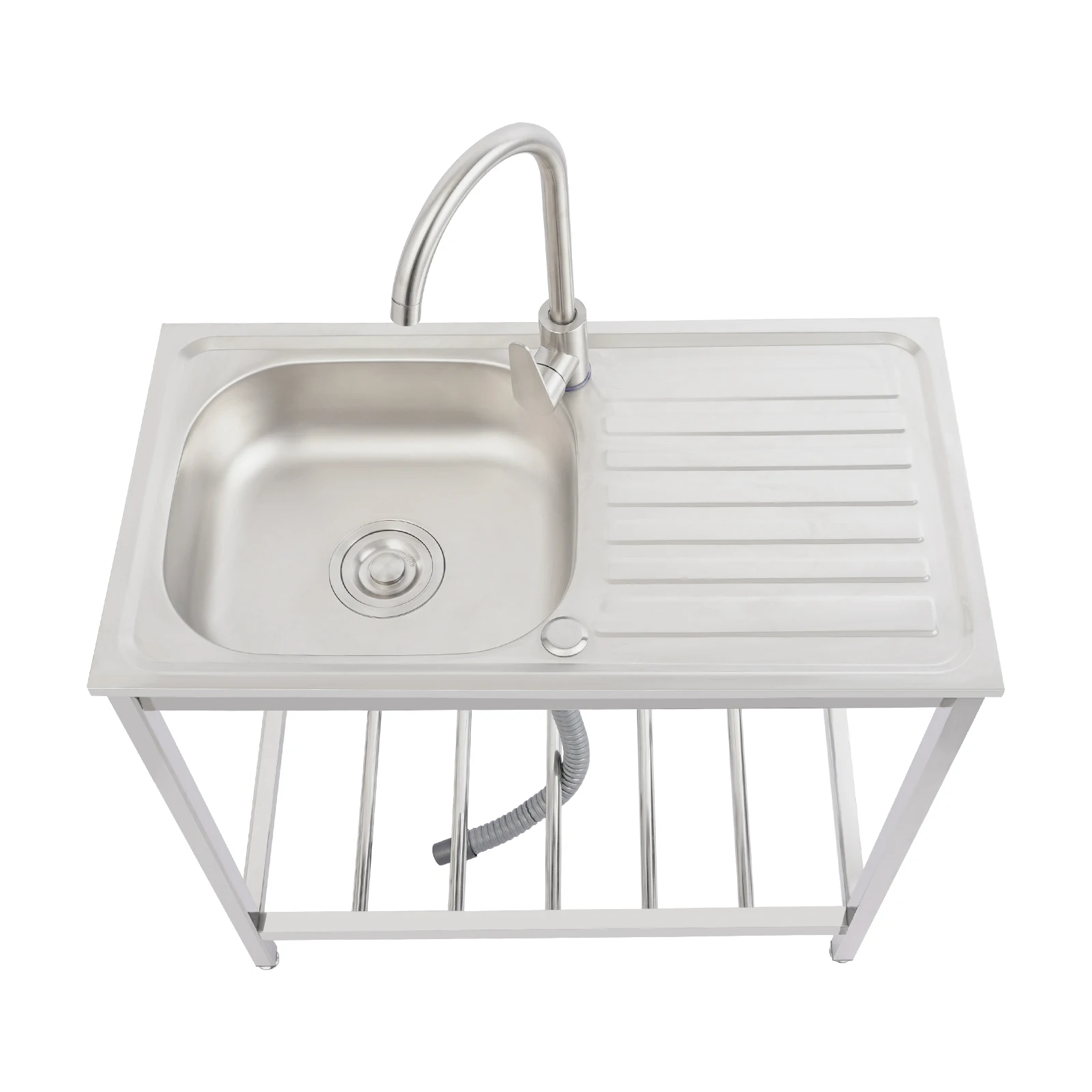 Kitchen Sink Freestanding Wash Sink with Drain Pipe Cold Faucet Filter Basket Stainless Steel for Hotels Bars Restaurants