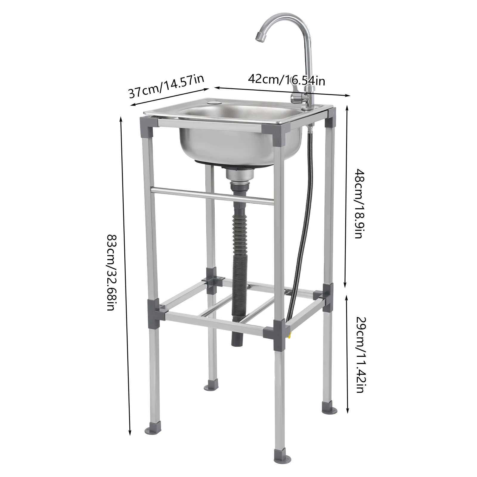 Kitchen Sink Freestanding Wash Sink with Drain Pipe Cold Faucet Filter Basket Stainless Steel for Hotels Bars Restaurants