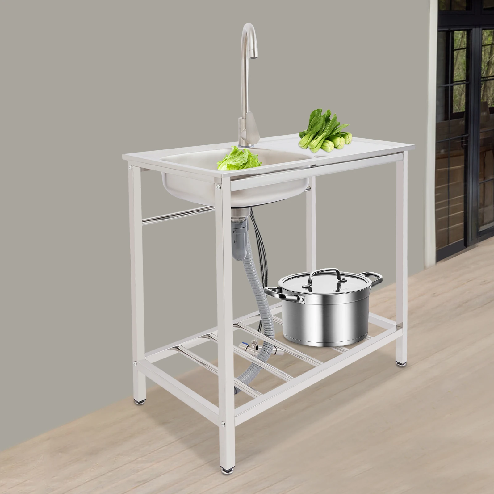 Kitchen Sink Freestanding Wash Sink with Drain Pipe Cold Faucet Filter Basket Stainless Steel for Hotels Bars Restaurants