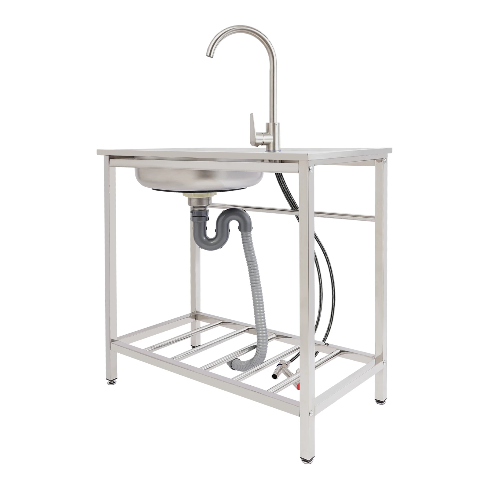 Kitchen Sink Freestanding Wash Sink with Drain Pipe Cold Faucet Filter Basket Stainless Steel for Hotels Bars Restaurants
