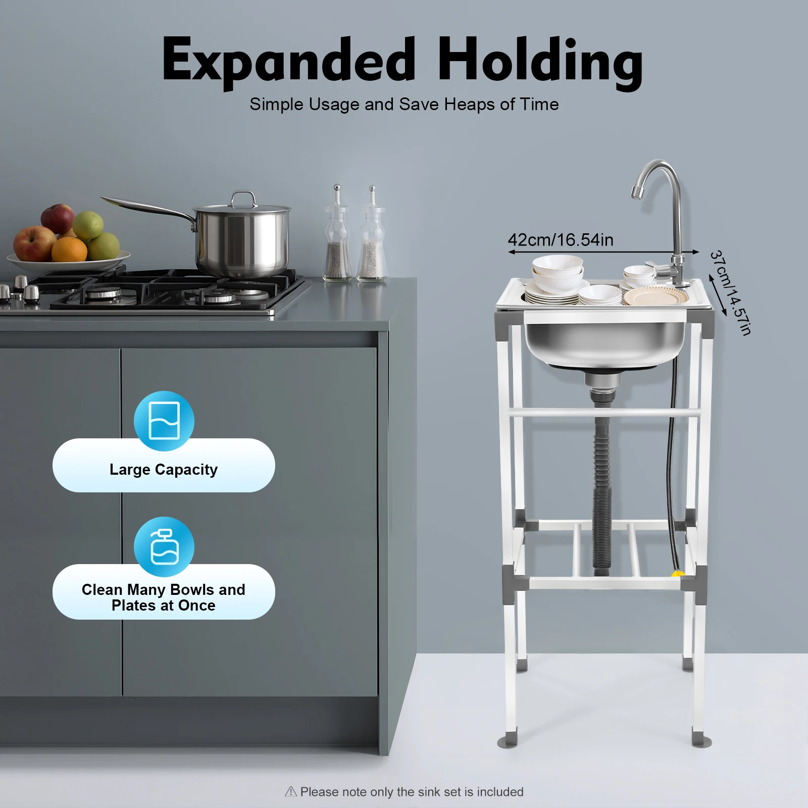 Kitchen Sink Freestanding Wash Sink with Drain Pipe Cold Faucet Filter Basket Stainless Steel for Hotels Bars Restaurants