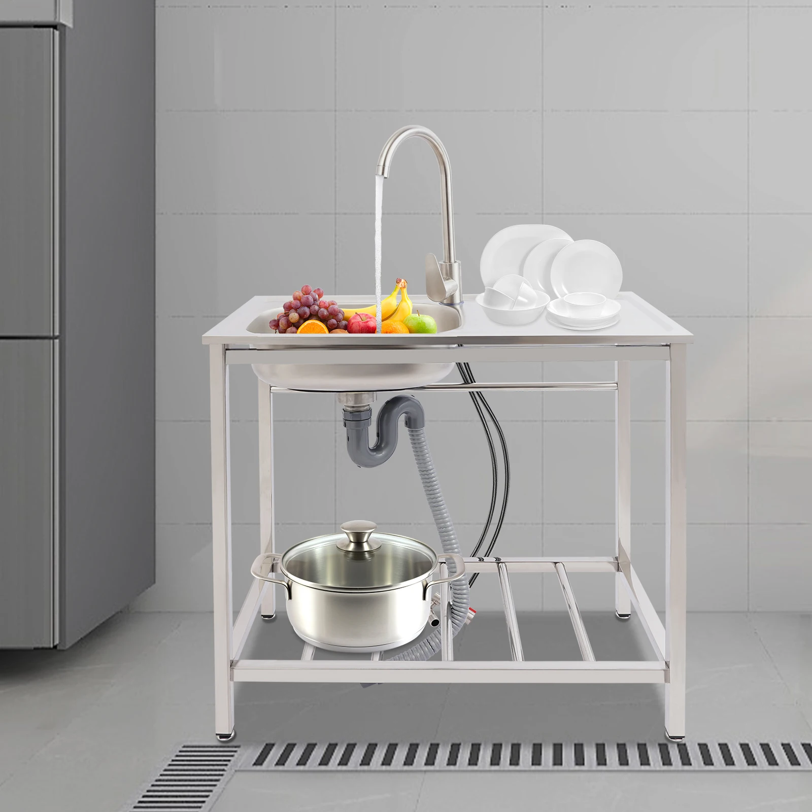 Kitchen Sink Freestanding Wash Sink with Drain Pipe Cold Faucet Filter Basket Stainless Steel for Hotels Bars Restaurants