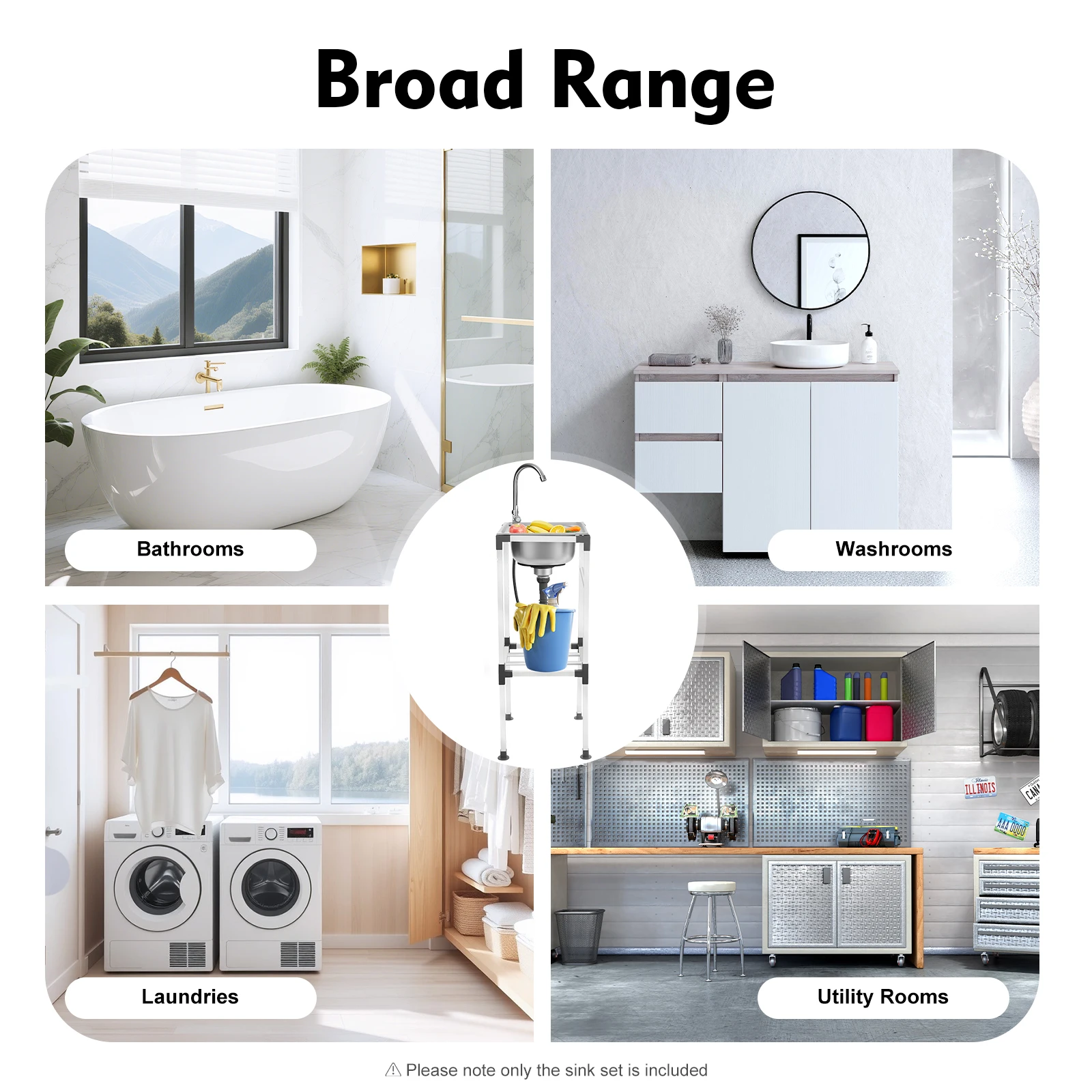Kitchen Sink Freestanding Wash Sink with Drain Pipe Cold Faucet Filter Basket Stainless Steel for Hotels Bars Restaurants