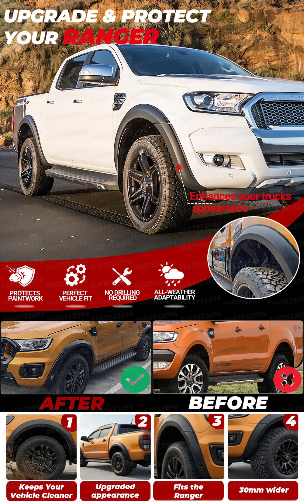 30mm Fender Flares Wheel Arch For Ford Ranger Wildtrak T7 T8 MK2 MK3 2015 2016 2017 2018 2019 2020 2021 2022 Double Cab OFF-Road Car Accessories