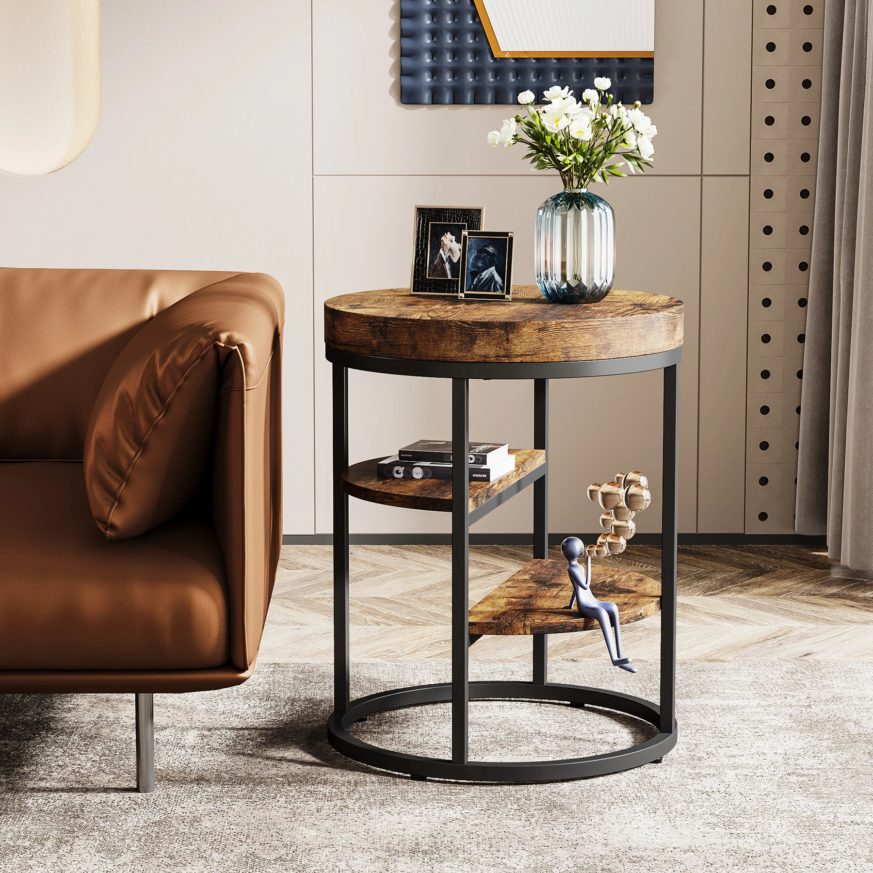 Tribesigns Round End Table, Small End Table with 3 Storage Shelves, Wood Side Table for Small Spaces, Industrial Sofa Table
