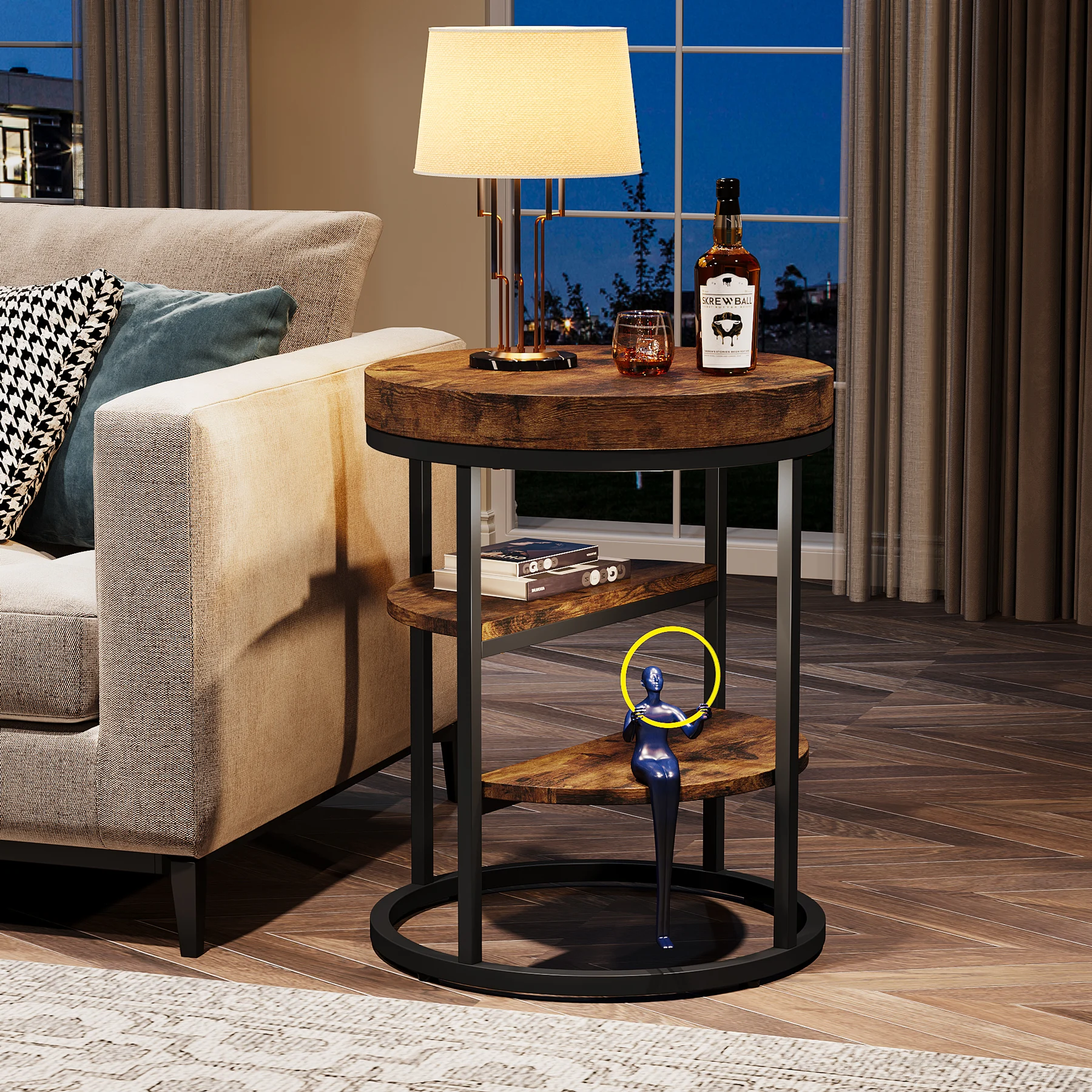 Tribesigns Round End Table, Small End Table with 3 Storage Shelves, Wood Side Table for Small Spaces, Industrial Sofa Table