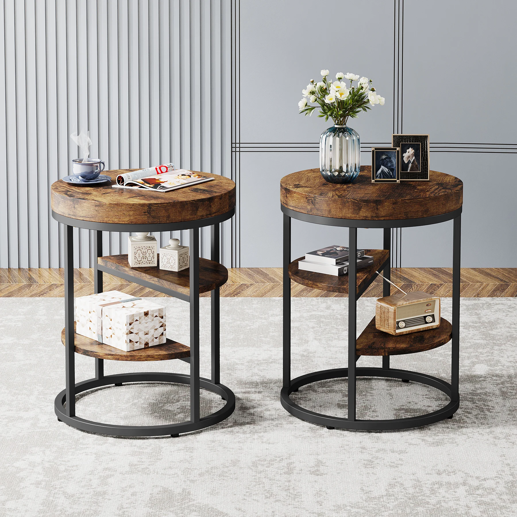 Tribesigns Round End Table, Small End Table with 3 Storage Shelves, Wood Side Table for Small Spaces, Industrial Sofa Table