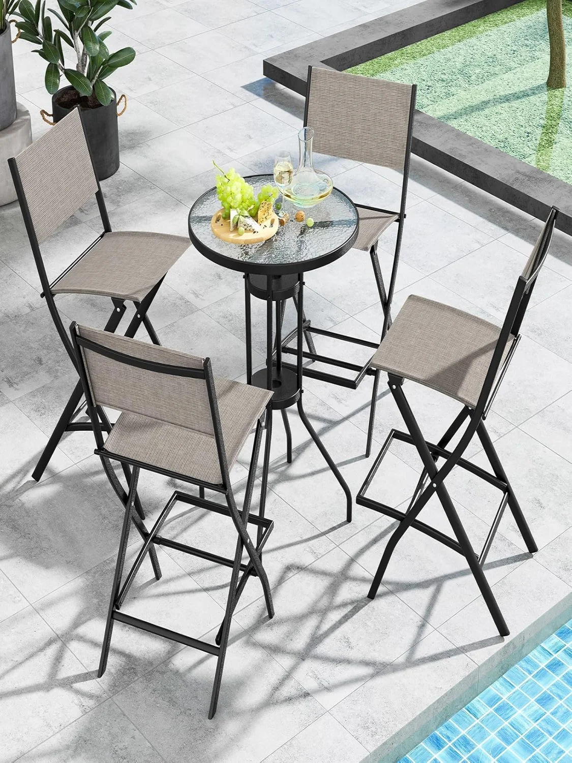Set of 2 Outdoor Bar Stools,Folding Bar Chairs with Backrest and Footrest,Counter Stools up to 150 kg,for Balcony,Garden