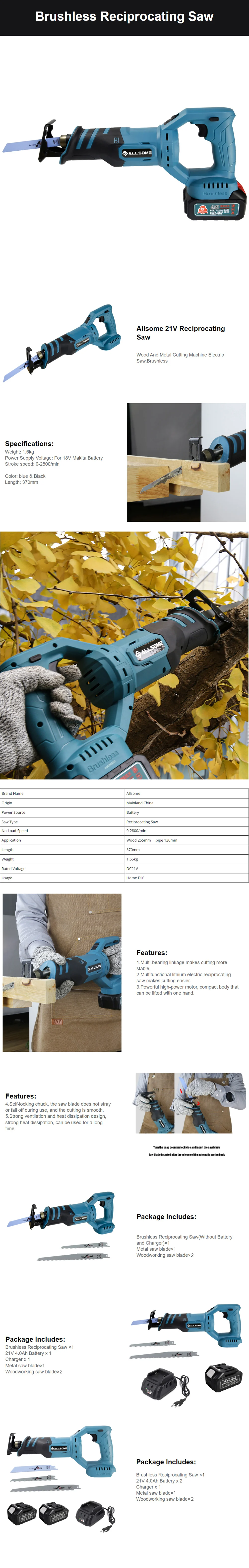Allsome 21v Cordless Reciprocating Saw with 3 Saw Blades Wood/Metal/PVC Pile Cutting Electric Saw