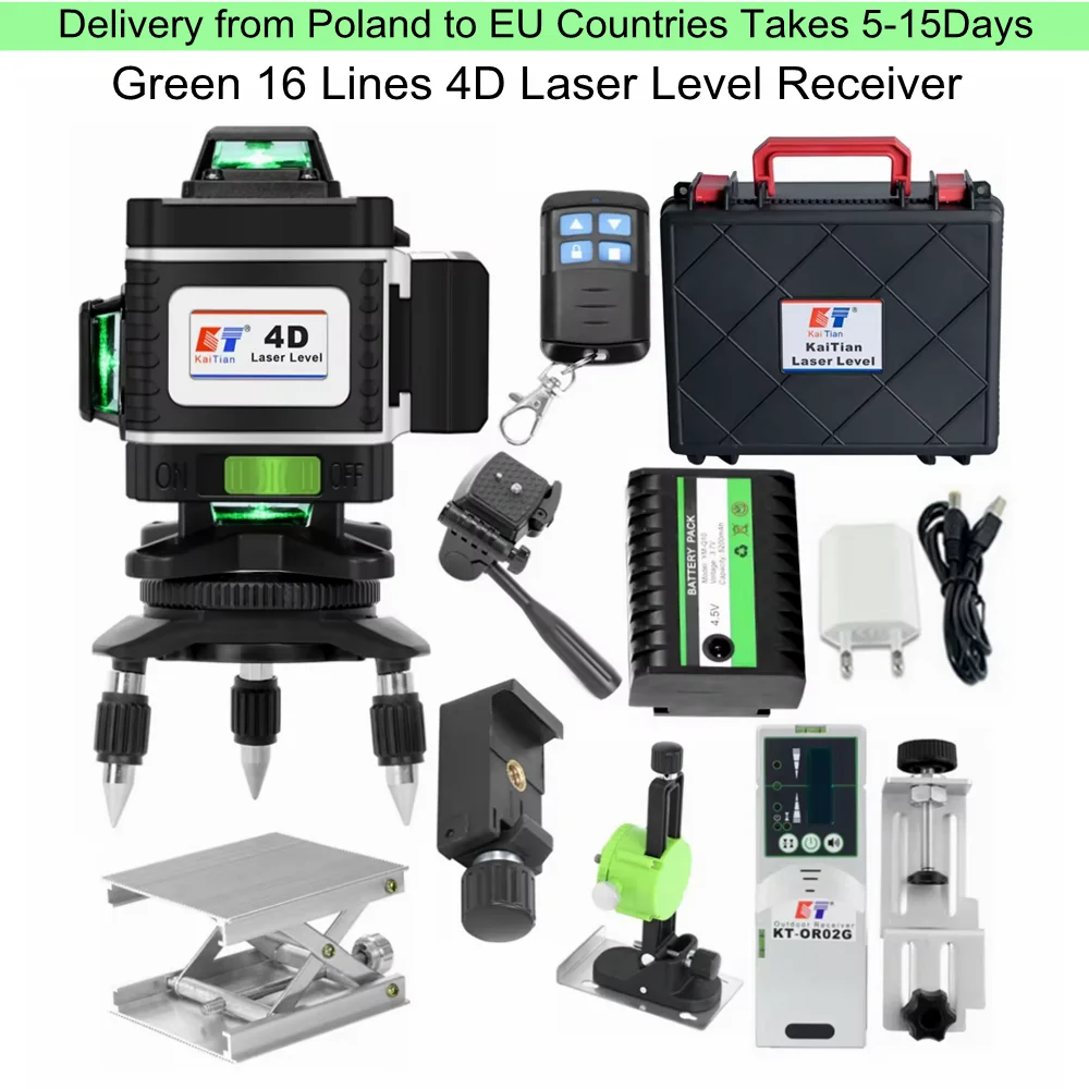 KaiTian Laser Level Self Leveling 360 Bracket Green Beam 4D 16 Line Cross Lazer Tools Lithium Battery Nivel Laser Level Receiver
