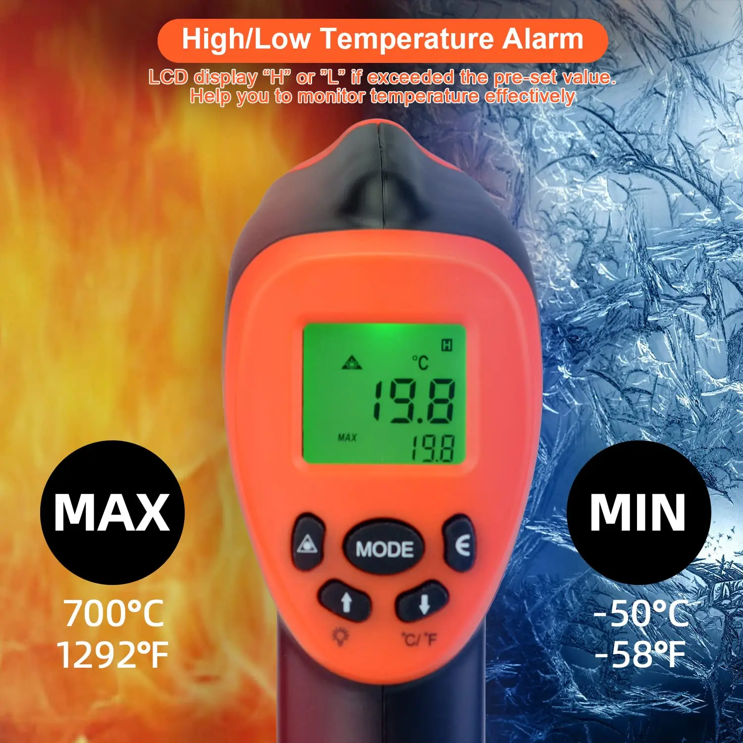 Infrared IR Thermometer, Infrared Pyrometer Laser Temperature Meter Industrial Temperature Gun Measure Temp -50°C ~ 700°C
