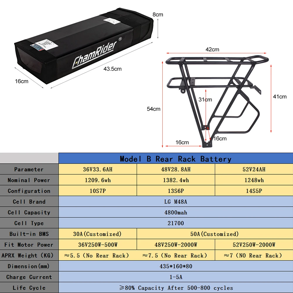 ChamRider 48V EBike Lithium Battery Model B Rear Rack Battery 50A BMS 52V Powerful Capacity Electric Bike Battery 36V 21700 Cell