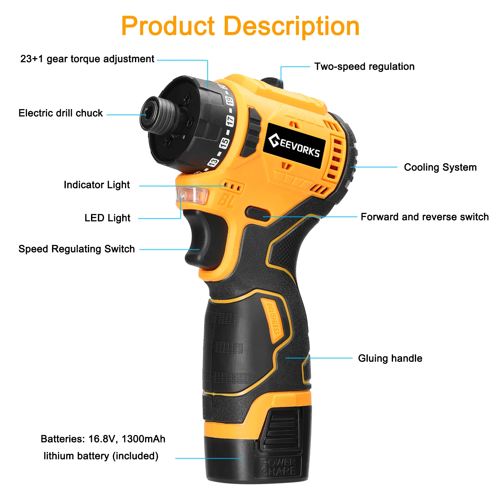 16.8V Electric Screwdriver Brushless Motor 1500rpm 55Nm Torque Electric Drill Rechargeable Screwdriver DIY Repairing Power Tool