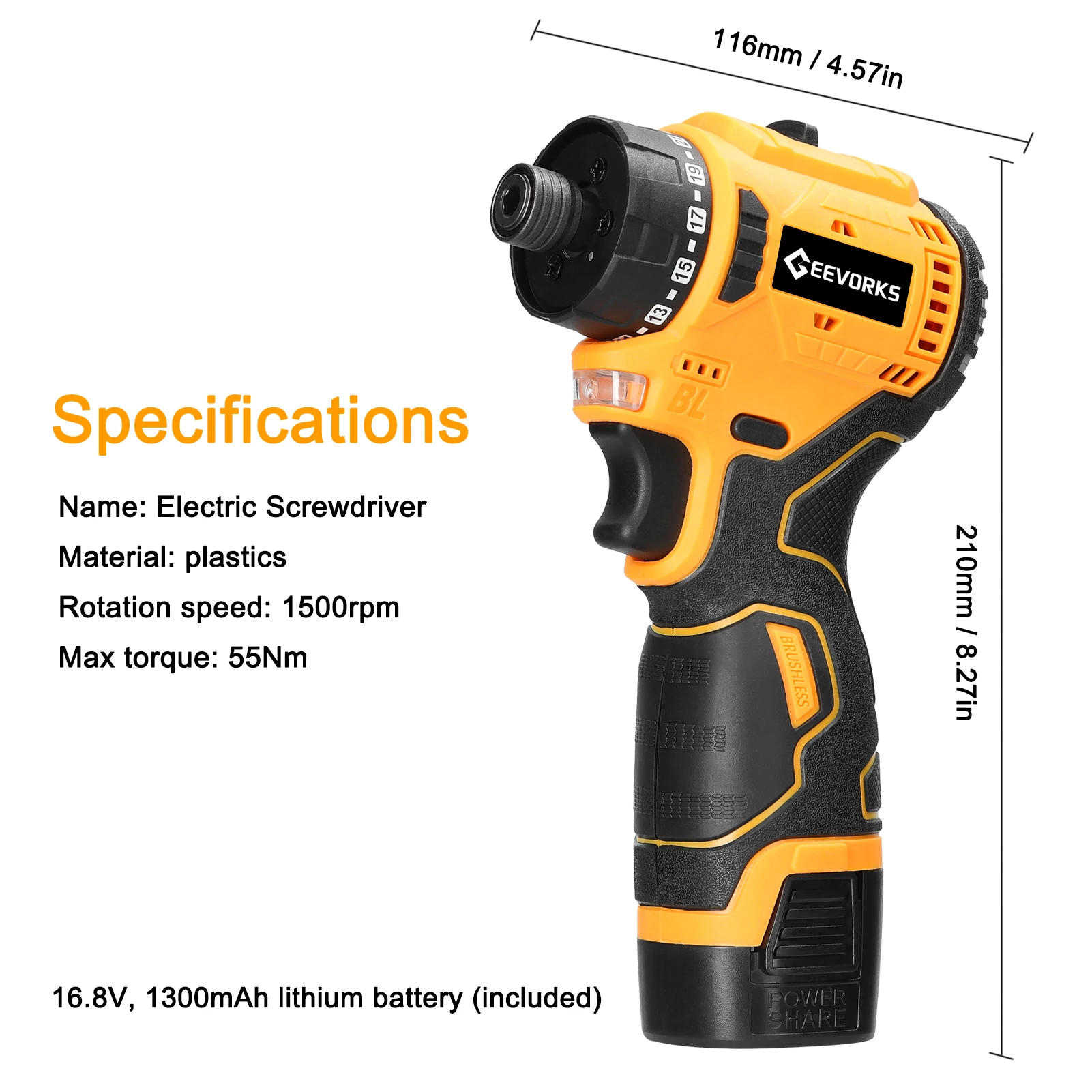 16.8V Electric Screwdriver Brushless Motor 1500rpm 55Nm Torque Electric Drill Rechargeable Screwdriver DIY Repairing Power Tool