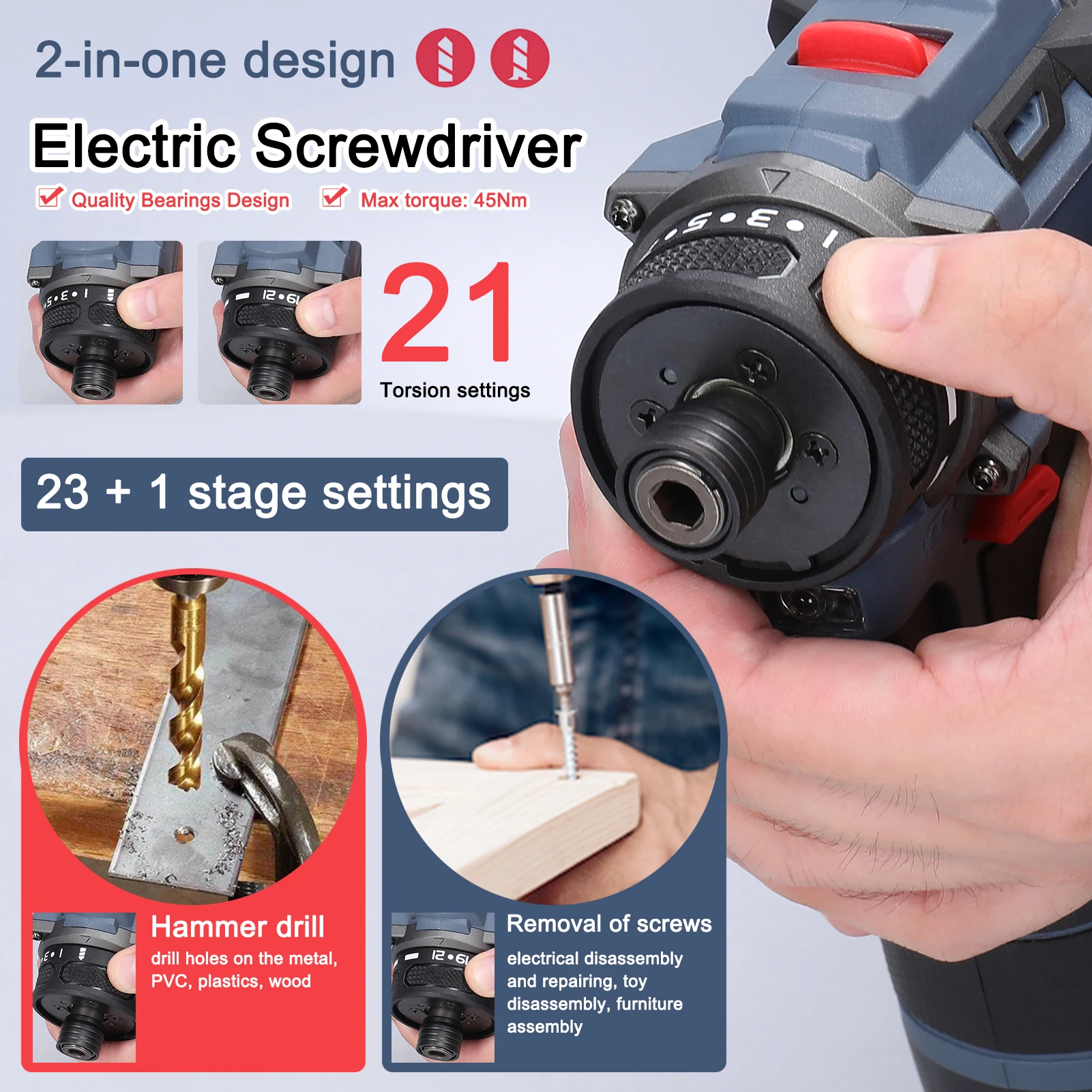 16.8V Electric Screwdriver Brushless Motor 1500rpm 55Nm Torque Electric Drill Rechargeable Screwdriver DIY Repairing Power Tool