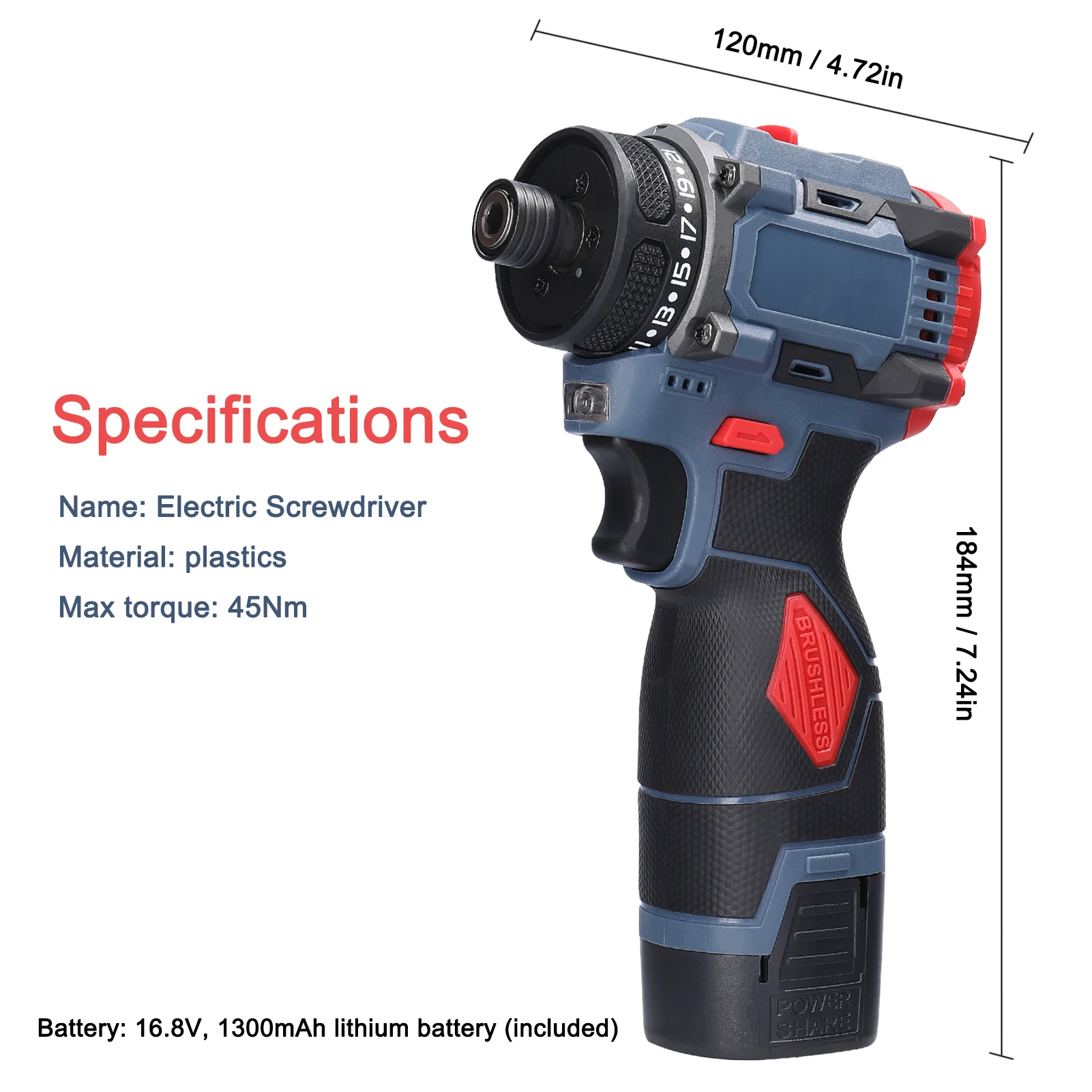 16.8V Electric Screwdriver Brushless Motor 1500rpm 55Nm Torque Electric Drill Rechargeable Screwdriver DIY Repairing Power Tool