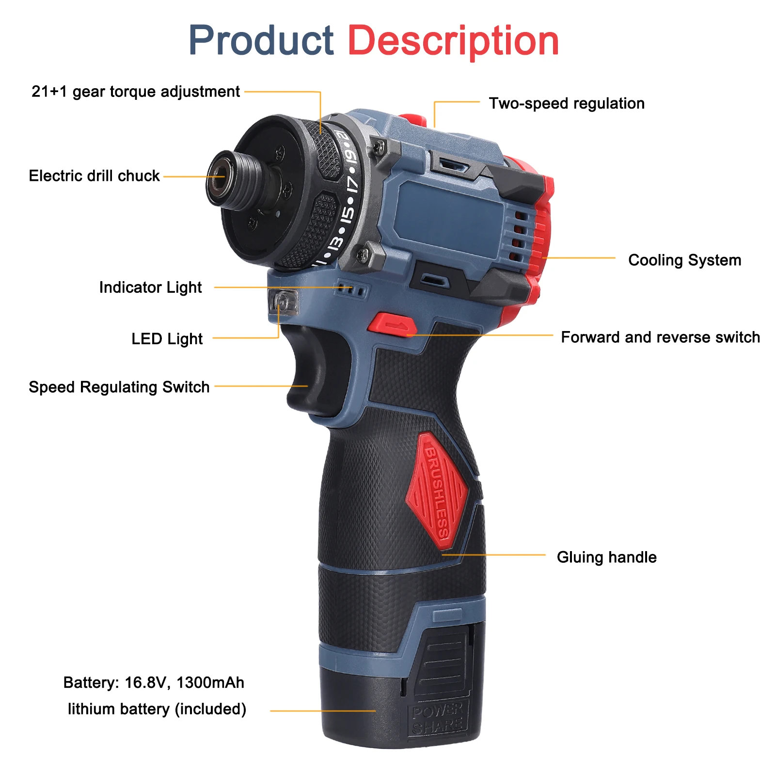 16.8V Electric Screwdriver Brushless Motor 1500rpm 55Nm Torque Electric Drill Rechargeable Screwdriver DIY Repairing Power Tool