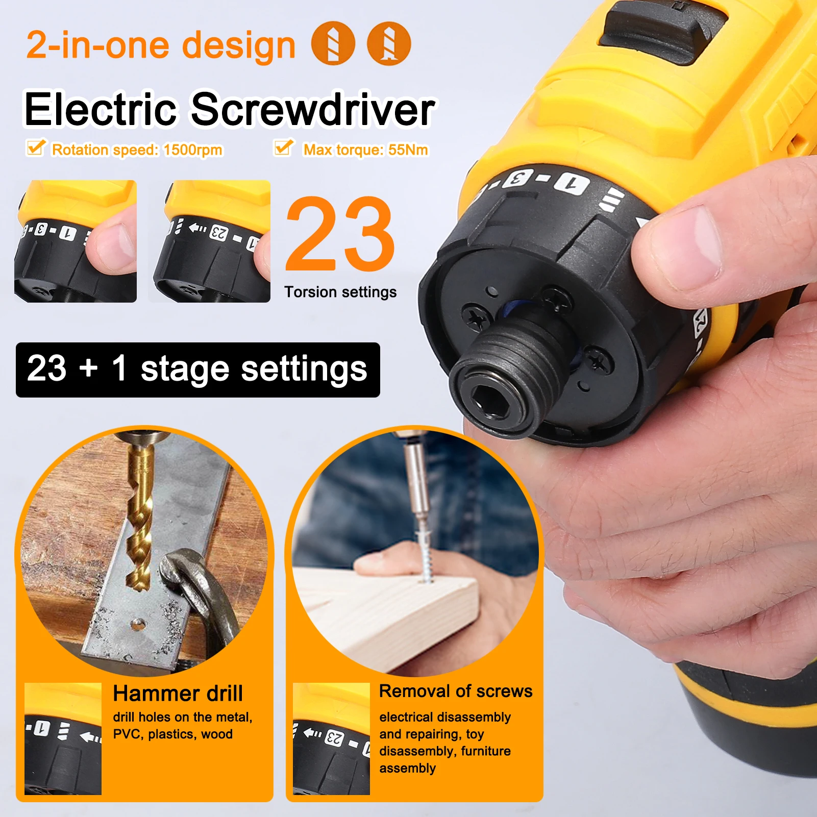 16.8V Electric Screwdriver Brushless Motor 1500rpm 55Nm Torque Electric Drill Rechargeable Screwdriver DIY Repairing Power Tool