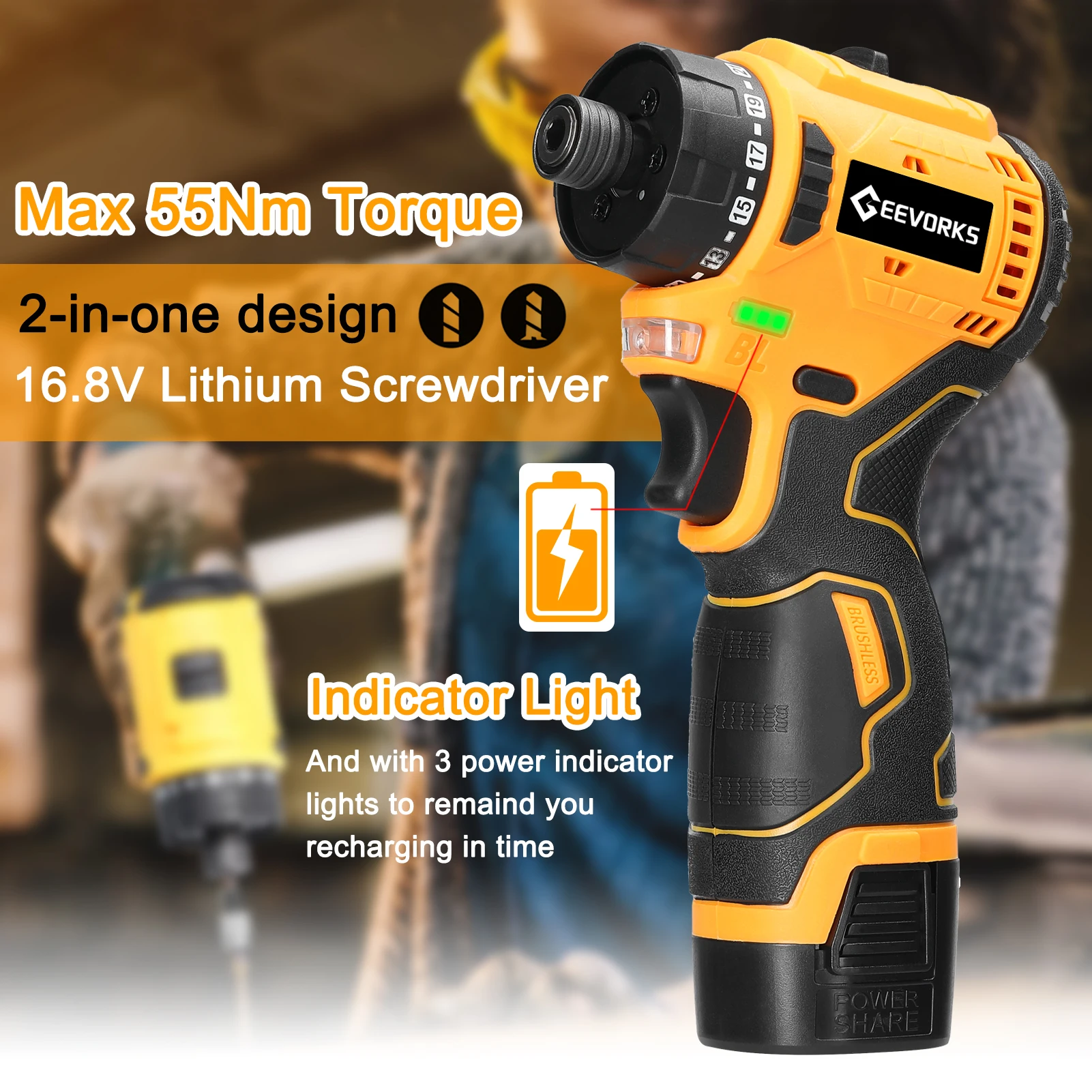 16.8V Electric Screwdriver Brushless Motor 1500rpm 55Nm Torque Electric Drill Rechargeable Screwdriver DIY Repairing Power Tool